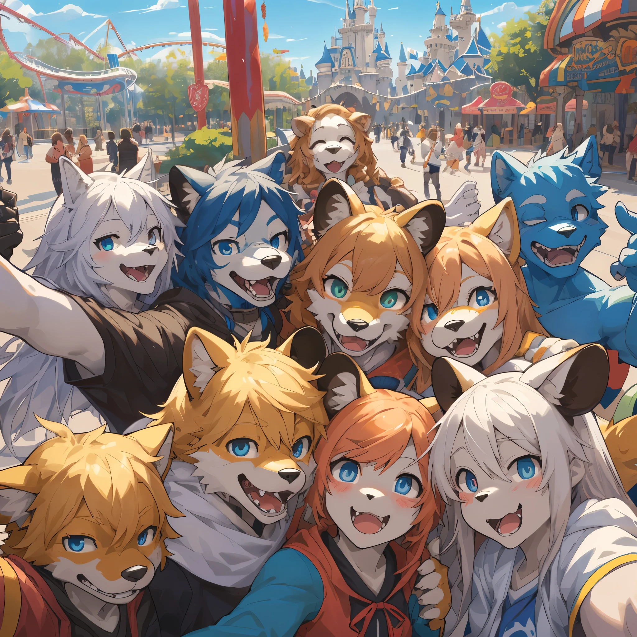 top quality, best quality, High-quality illustrations, masterpiece, super high resolution, detailed background, detailed background, An amusement park, Disneyland, group shot:0.5, 6+boys, 6+girls, Happy, joyful, absurdres(highly detailed beautiful face and eyes)perfect anatomy(Photos taken with friends)(kemono, furry anthro)selfie:0.5,