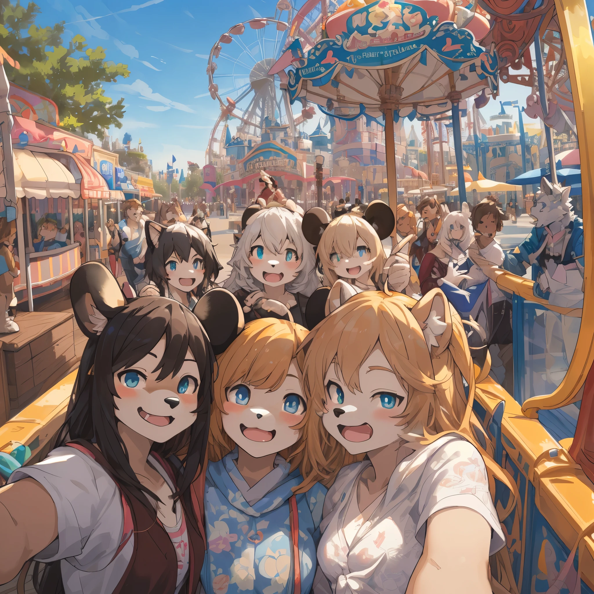 top quality, best quality, High-quality illustrations, masterpiece, super high resolution, detailed background, detailed background, An amusement park, Disneyland, group shot:0.5, 6+boys, 6+girls, Happy, joyful, absurdres(highly detailed beautiful face and eyes)perfect anatomy(Photos taken with friends)(kemono, furry anthro)selfie:0.5,