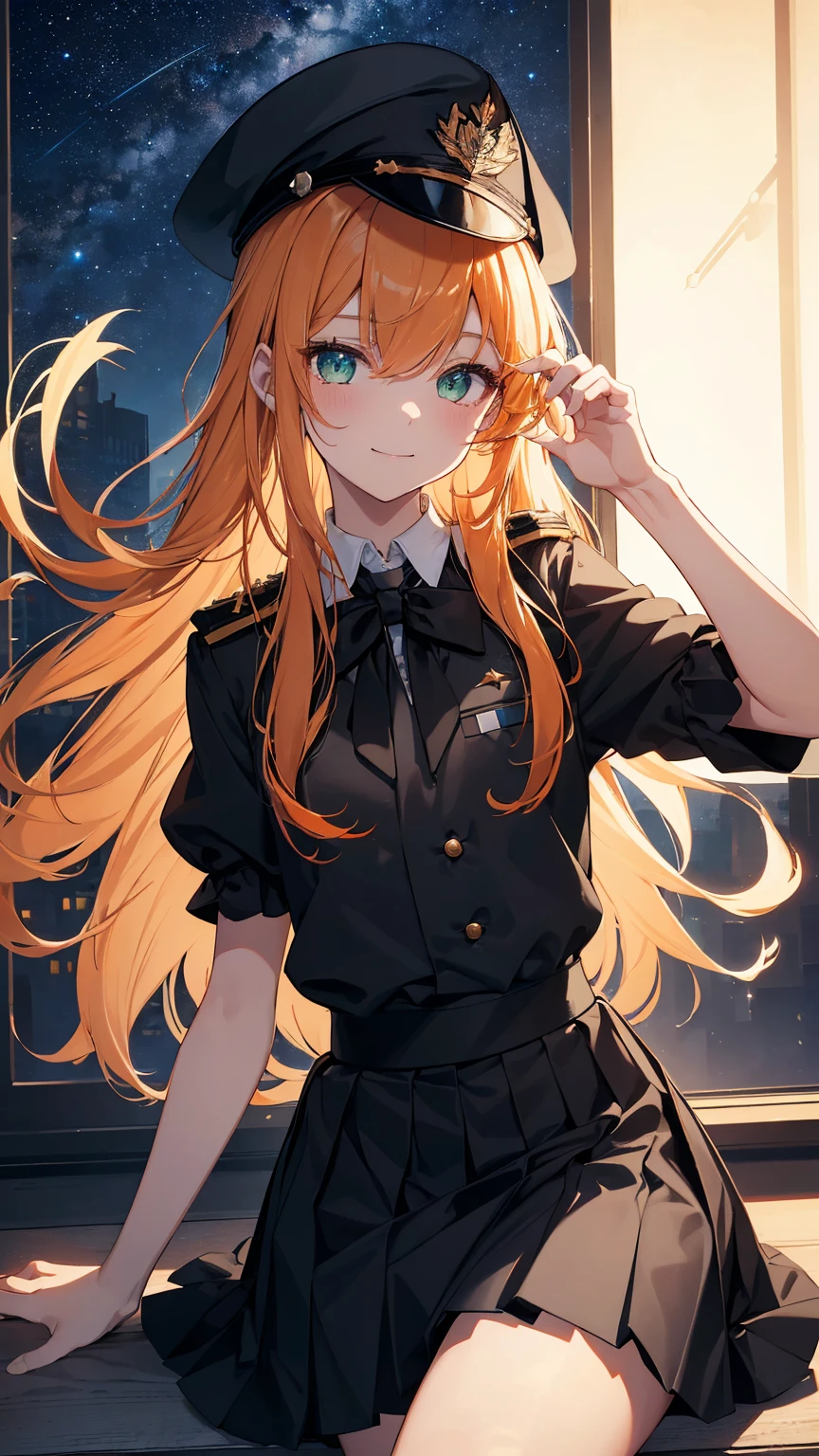 1boy,solo,cute,lovely,wink,gently smile, light orange hair, ((long straight hair)),light green eyes,anatomically correct,small military cap,(black tie),((black ruffle skirt skirt)),black uniform ,night,starry sky, luminous effect,best quality, high quality,masterpiece, 8K 