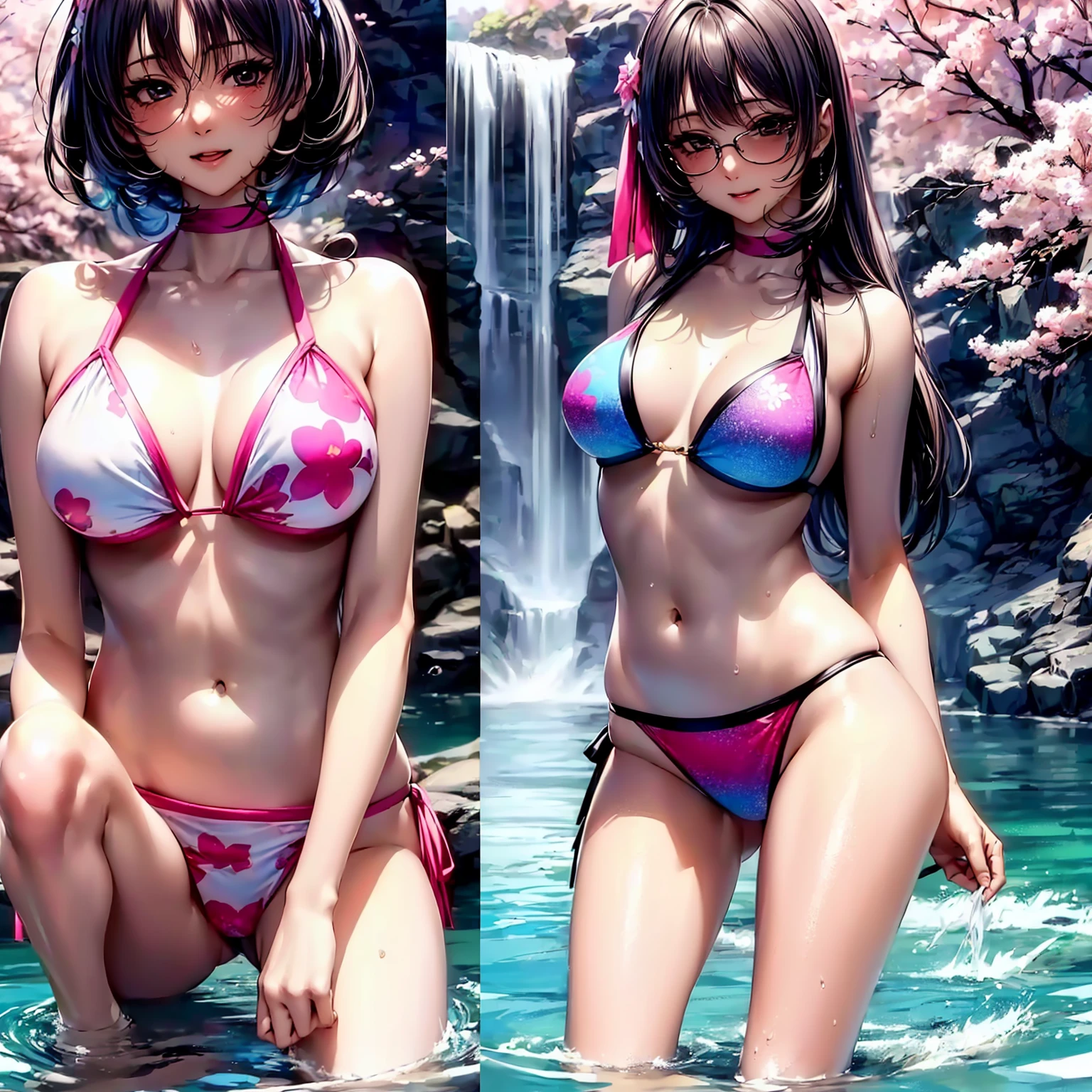 (((highest quality,masterpiece,very high resolution,Super high quality,perfect details))), (A beautiful woman with exquisite beauty:1 person,beautiful face,beautiful outline、smile, blush、open your mouth),(beautiful hair, neat bangs, beautiful hair質感),(Beautiful body with beautiful breasts and beautiful legs,Beautiful skin texture),((可愛いbikini swimwear:patterned and colorful,bikini swimwear:color and pattern)),(Mysterious waterfront,There is a waterfall,Night cherry blossoms and starry sky, Cherry blossoms fall,the wind is blowing,beautiful scenery), (water play,beautiful pose,beautiful posture), (water play,beautiful pose,model shoot),(whole body,Thighs are visible,accurate anatomy、highly detailed images、accurate image、Perfect Image 1.5)、beautiful anime woman, beautiful art style, anime character、(Overall image、Image without defects、natural soft light、beautiful images),(best shot,Raw photo 1.2)