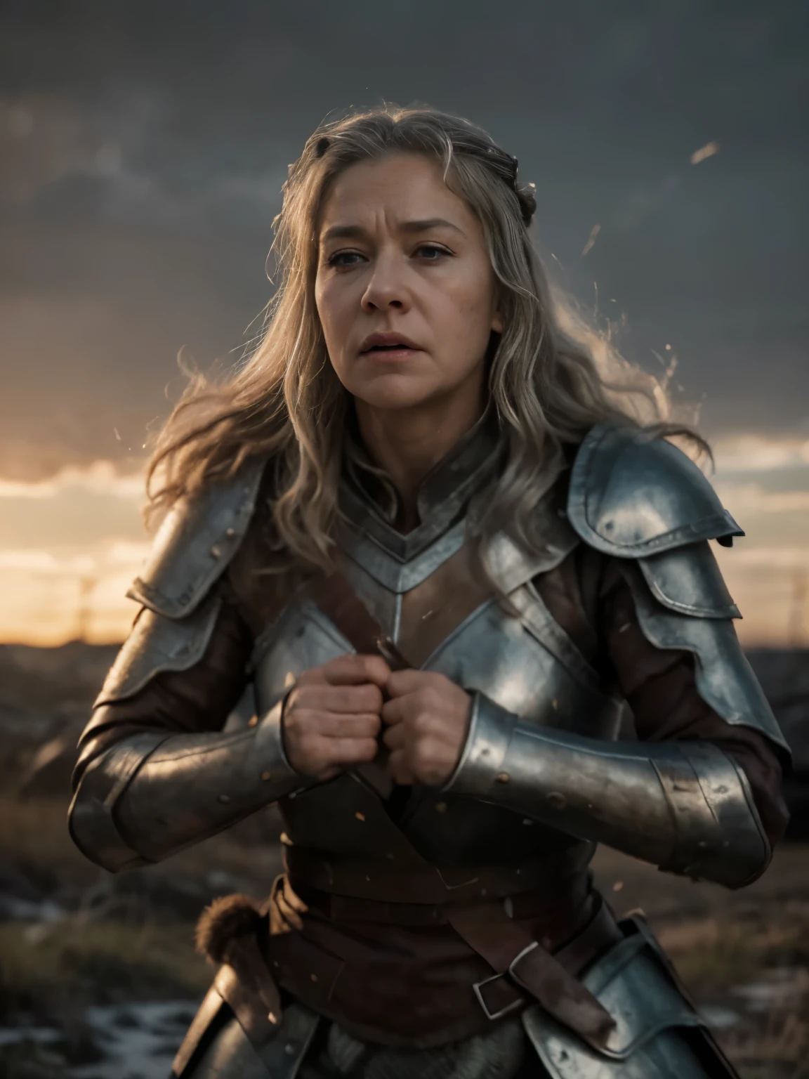 (masterpiece, highly detailed, ultra realistic, highest quality, cinematic), portrait, upper body shot, older viking warrior queen in full battle gear, / helen mirren / older lady, 60 years old, silver curly hair, (hires textures), detailed face (ultra detailed skin), cheek scar, angry, carrying a huge bloodied axe and shield, fierce, scars, blood spatter, battle damage, dynamic pose, fighting stance, battlefield background, in the midst of battle, nordic sunset, gritty, grizzled, ultra realistic, bokeh, game of thrones, tolkien, fantasy art, incredible detail