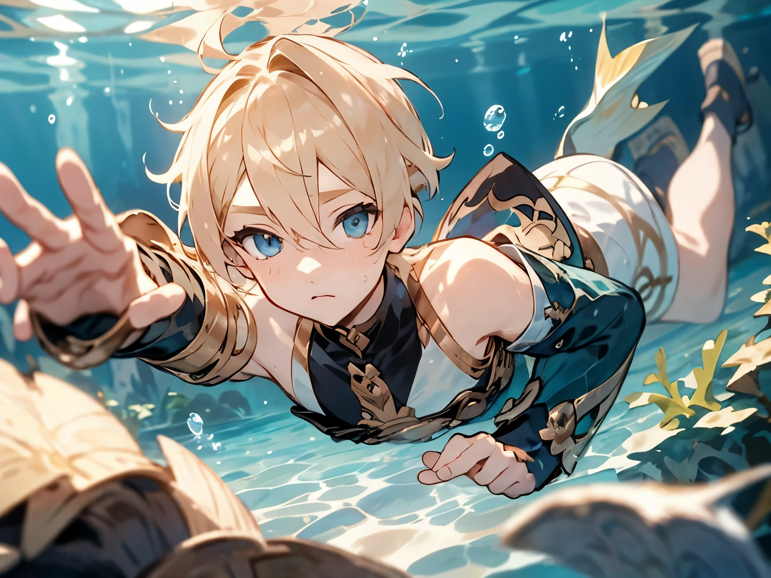 freminet,1boy, solo,shoulder length blonde hair, uneven bangs, hair over one eye, blue eyes, blonde eyelashes, freminet from genshin impact, underwater, dynamic pose, swimming, serene, quiet, tranquil, reaching for a fish, looking away from viewer