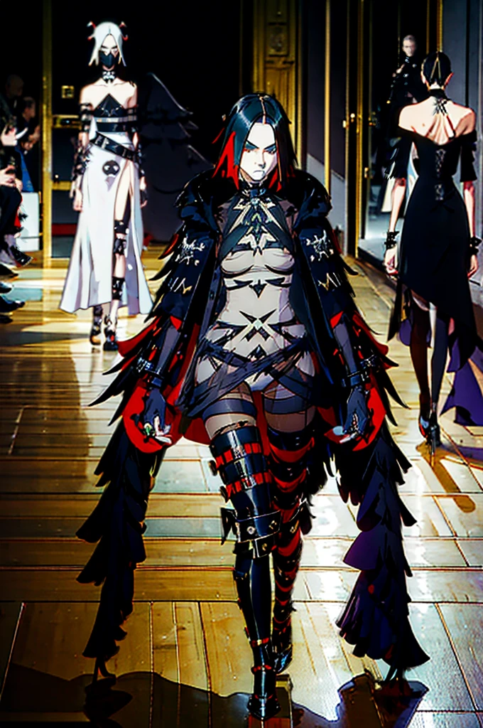 (crow theme:1.3), Moschino, Rick Owens, Christian Dior, Rei Kawakubo, Alexander McQueen, Gareth Pugh, Comme Des Garçons, John Galliano, Yohji Yamamoto, male, man, boy, (avant garde fashion:1.3), (wearable art:1.5), (alternative clothing:1.3), oversized clothing, skintight clothing, fullbody