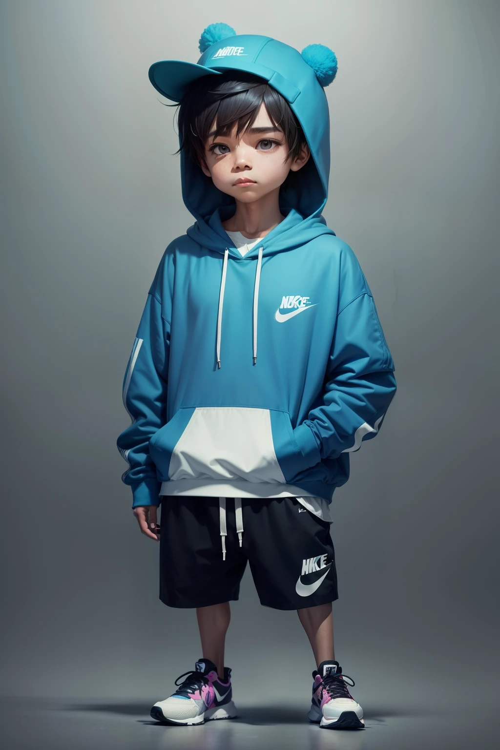 1 year old boy,60 tall slim short black hair light brown eyes ripped black pants cold-weather blouse with cap and sleeve black Nike shoes.