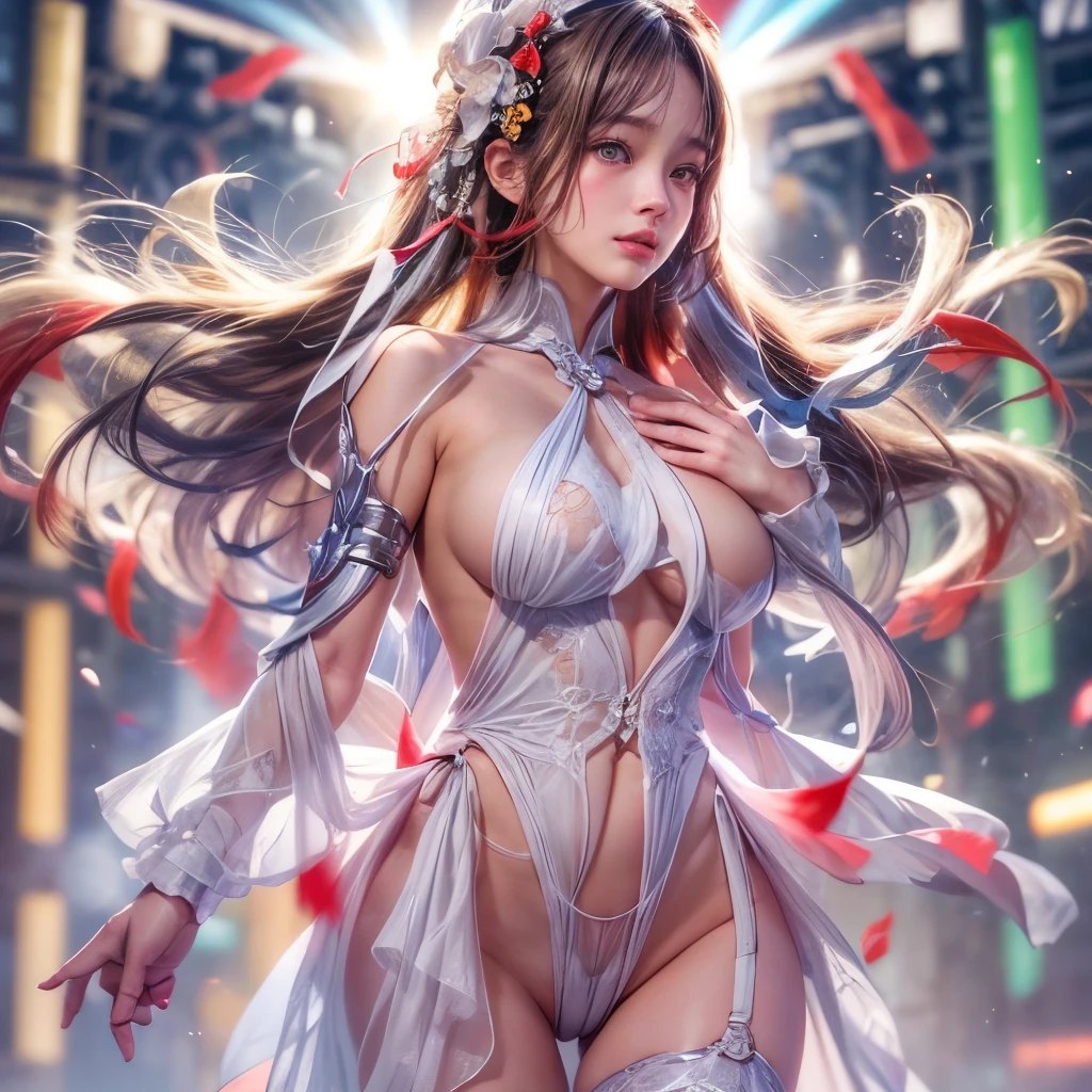 ((NSFW:-0.9, (nipple:-0.9), Acutance:0.85, White and Red, Mystic sight, (many Dazzling flush lights with lens flares), Luminous Particles, many colorful Lights )) . best quality, (masterpiece:1.3, ((realistic and photorealistic with touch of rawness:1.37)), ultra detailed:1.3) . (Amazing KAWAII Idols Walking on stage), ((Extremely detailed (KAWAII face variations)) with joyful expressions), { oiled ivory skin | Overflowing Biomechanical HUGE and HEAVY boob | pretty hips | (Exquisitely White dress with back cutouts) | Full of flowers covering girl's body | long hair:-0.8 }, { (Visible naked backs with Overflowing sideboob) | ( Walking on stage with Red highheels, large crowd:1.4) } . (((Ass focus, butt crack))), Whole Body proportions and all limbs are anatomically accurate .