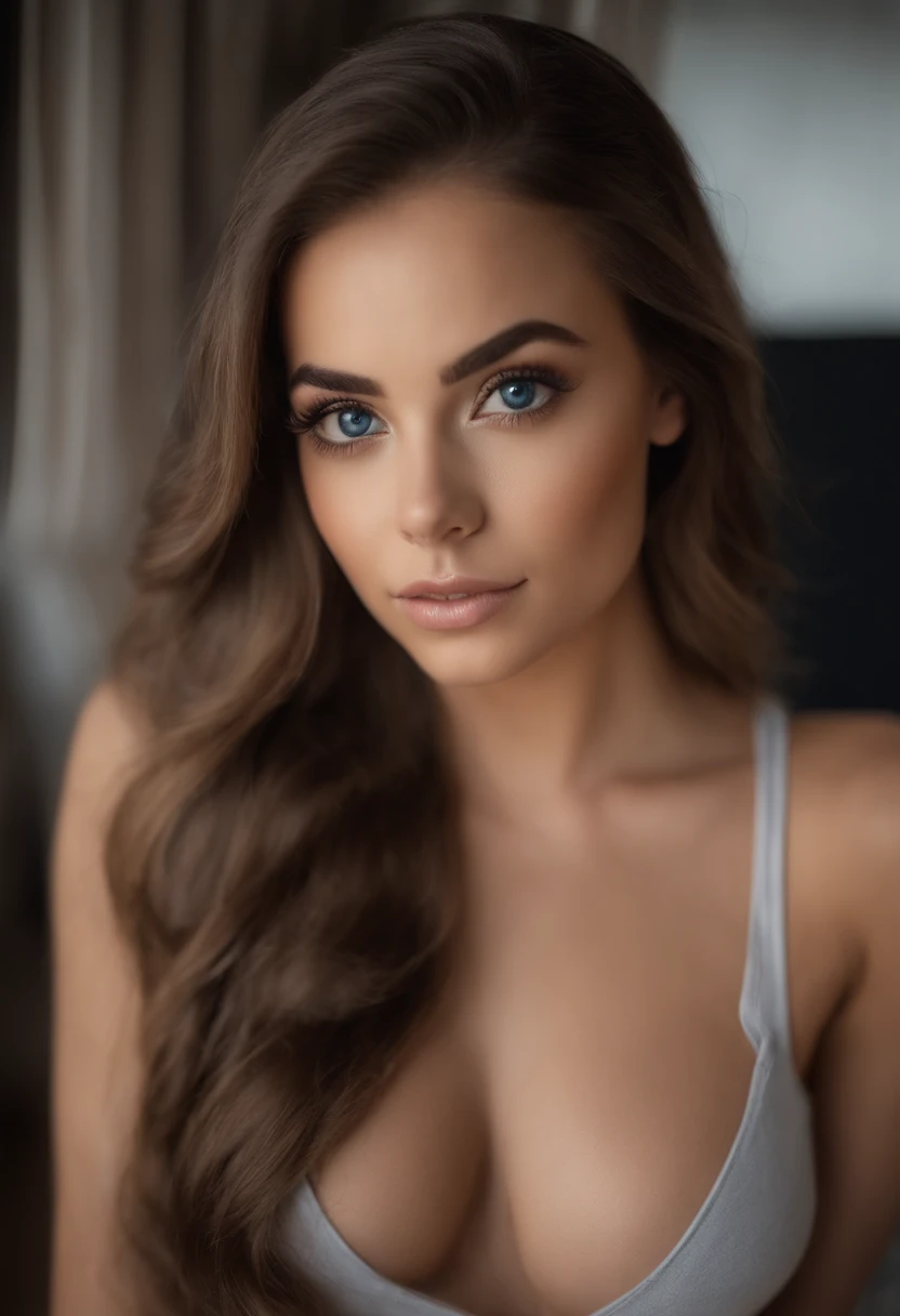 Arafed Mujer con camiseta sin mangas y bragas a juego, Chica sexy con ojos azules, Retrato de Sophie Mudd, brown hair and big eyes, selfie de una mujer joven, ojos dormitorio, violeta myers, sin maquillaje, Maquillaje Natural, Looking directly at the camera, cara con artgram, maquillaje sutil, Impresionante foto de cuerpo entero, escote, en el centro comercial