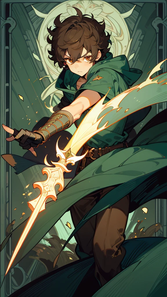 1guy, solo, short hair, pixie cut, curly hair, bright skin, (chocolate  hair), Brown eyes, medieval, adventurer, fantasy, anger, glowing dark dagger, Dark colors, trousers, shirt, quilted armor, closed clothing, dark green cloak, (a hood on his head), Attacks, in move

