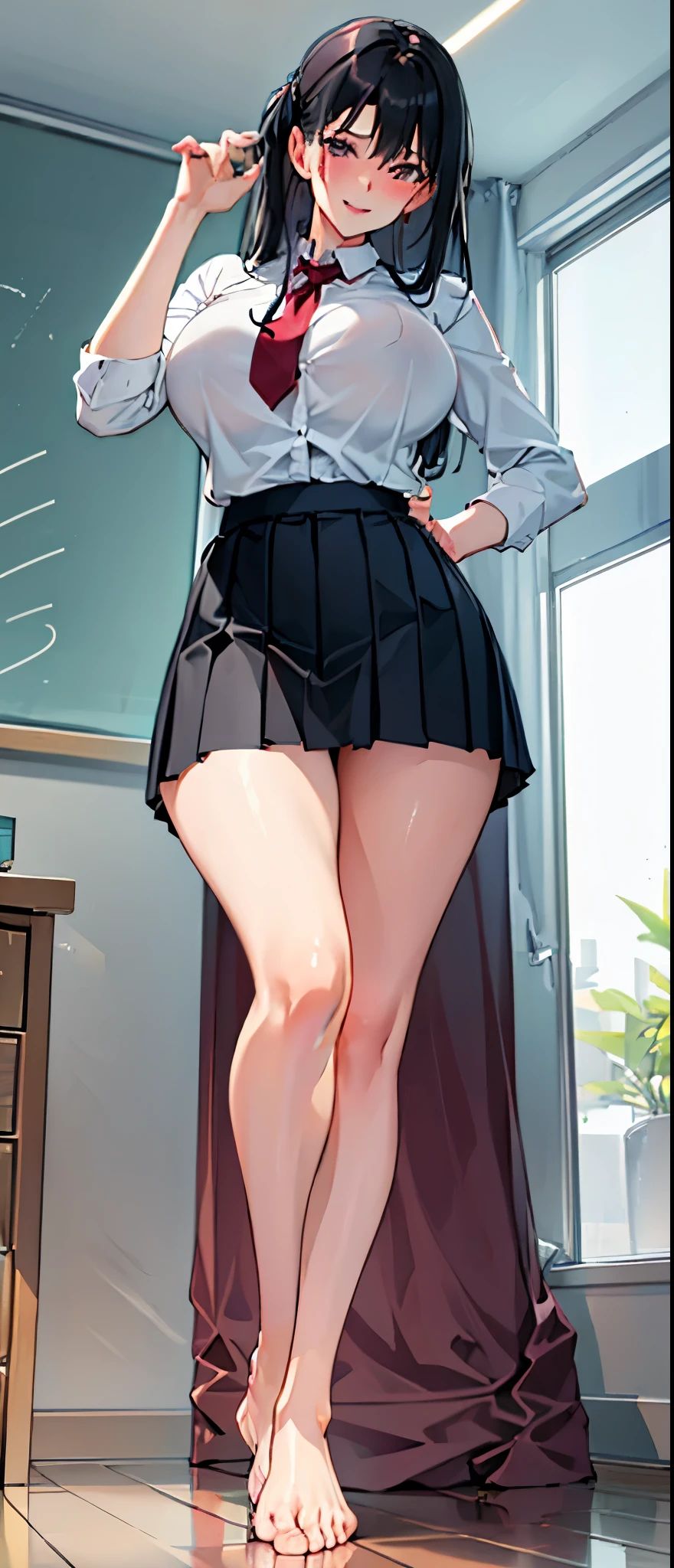 ( bare big breasts ) , ( NSFW )  , smile , ( milf teacher   ) , flirty tacher , lewd  , HD , detailed eyes , ( Black hair ) , ( short skirt ) ,classroom , all naked body  , flirty , (showing feet , undressed  , feet to the viewer ) , ((( showing feet ))) , ( beatiful shaped feet )