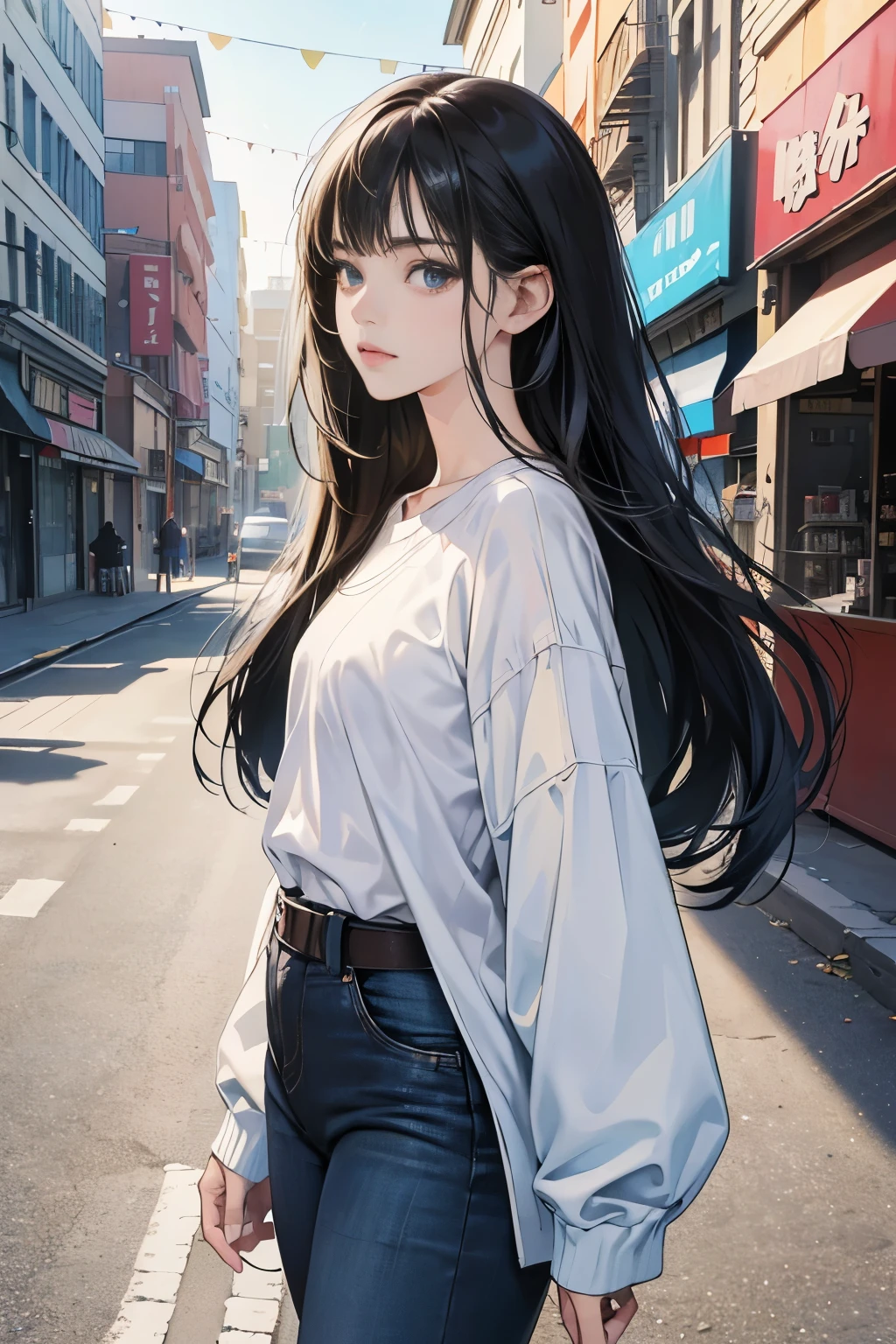 very colorful, pop feel, summer image, beautiful woman with long black hair, Around 25 years old, seaside, wearing a white blouson, cross belt, black jeans, perfect tall model body,mysterious, cool beauty, it will happen, Sparkling summer memories, Anime drawing by Yang J, Trending at Art Station, realism, extremely detailed germ of art, Realistic anime 3D style, anime style 4 k, up to the model | germ of art, anime style. 8K, casual clothes, realistic anime art style, style germ of art, sharp outline, highest quality, perfect angle, perfect composition, The perfect subject, best shot, official art，CD jacket, 80s city pop, very stylish