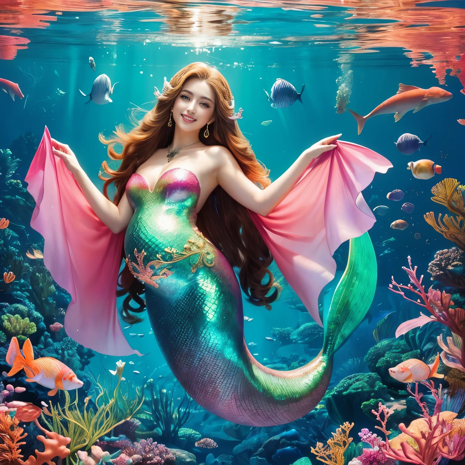 (highest quality、table top、8K、best image quality、hyper realism)、(Mermaid goddess wearing the most extravagant and extravagant finest goddess dress:1.2)、(Mermaid wearing the most extravagant and luxurious finest goddess dress:1.2)、(The most luxurious and finest transparent sleeve:1.1)、(A mermaid goddess swimming in the beautiful and luxurious deep sea rocks..:1.2)、(Extremely complex and detailed ocean depictions:1.1)、(There are many beautiful small tropical fish and corals in the sea......:1.1)、(An underwater city that shines in the most luxurious red and pink colors:1.3)、(Mysterious and most glorious beautiful underwater city:1.3)、(Detailed depiction of the beautiful ocean:1.1)、(Unimaginably beautiful and mysterious underwater depictions:1.1)、(Highly intricate and detailed glowing pink and red gradient scale:1.3)、(Mermaid goddess swimming in a beautiful rocky area in the deep sea Upper body photo:1.1)、(Accurate mermaid tail and beautiful fins)、Beautiful sea that shines intricately、Clear and detailed background,、(accurate anatomy:1.2)、(perfect hands:1.1)、(The most luxurious and finest jewelry decoration throughout the body:1.1)、golden decoration、the most gorgeous goddess sleeves、the most luxurious decoration、large amount of intricate gemstones、beautiful brown hair、Highly detailed glowing pink and red gradient scale、(最も贅沢でhighest qualityの巨大ティアラ:1.1)、(that&#39;that&#39;that&#39;It&#39;s very vivid, Fantastic and mysterious:1.2)、(最も贅沢でhighest qualityのジャイアントネックレス)、Beautiful sparkling pink and red mermaid gradation tail、perfect makeup、(the best smile when you look at me:1.2)、(slender pregnant mermaid:1.1)