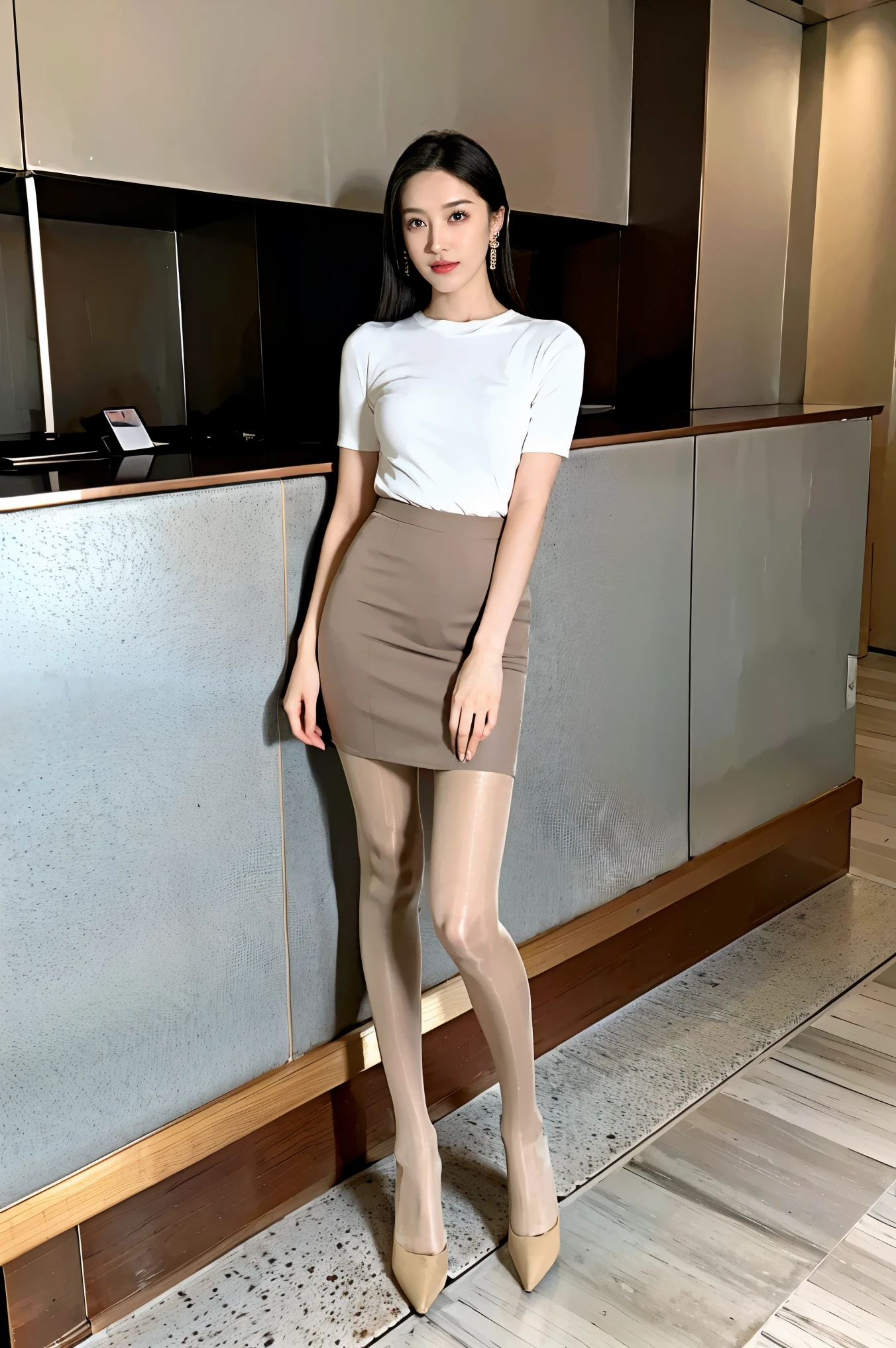 Ultra HD resolution，top quality，wonderful young girl，earrings，clear eyes，Without makeup，lip gloss，is a perfect face，White skin，perfect ，Slender legs，pantyhose，Gray office miniskirt，High heel，street