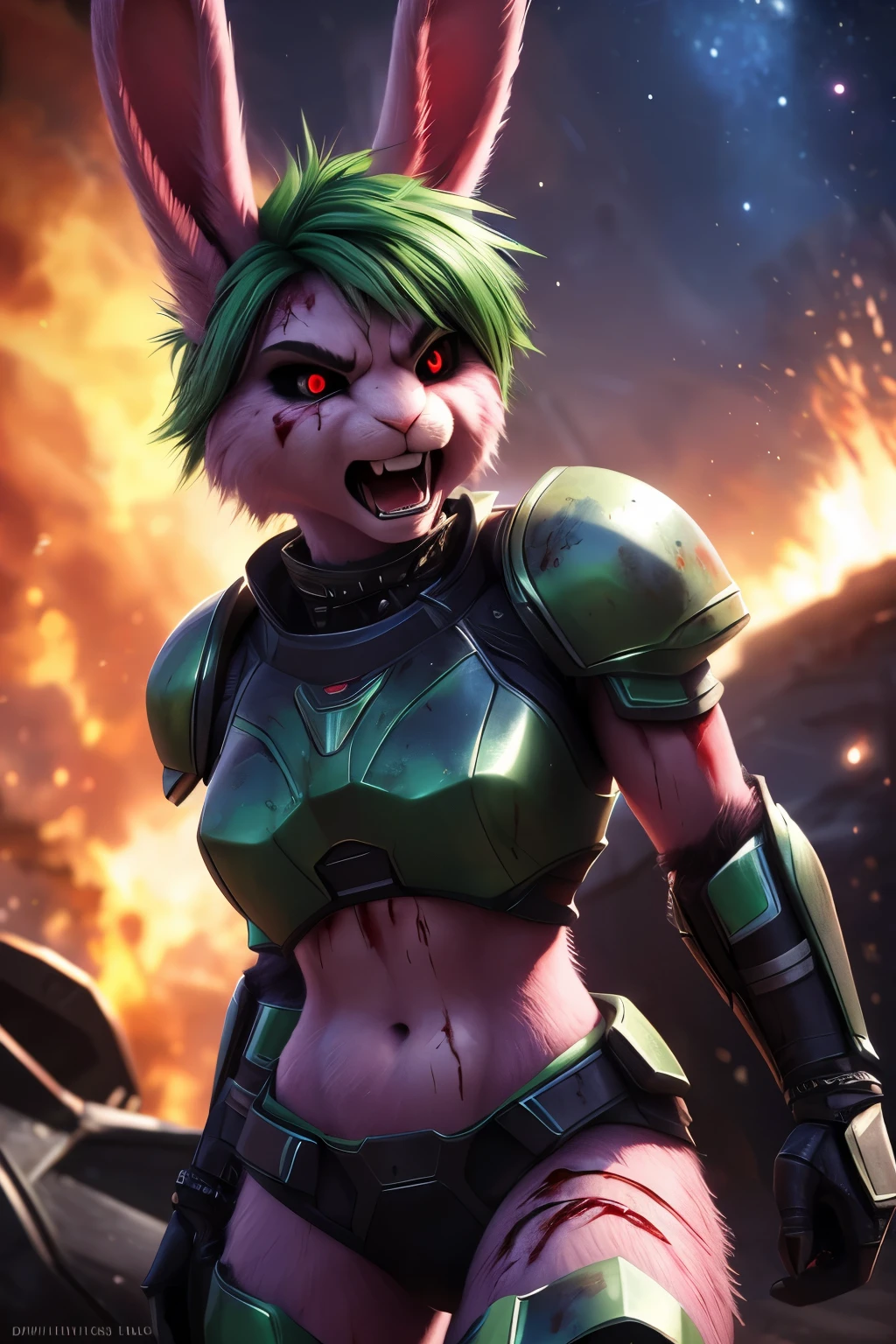 (by pixelsketcher:0.6), (by personalami :0.6),female,rabbit, background, (cinematic lighting:1.1), (perfect focus:1.1), 8k hd, photo, (detailed eyes:1.2),depth of field, bokeh, subsurface scattering, very small breasts, wide ,(Space armor, green futuristic armor, neckline, navel), bright colors, (furry detail:1.3),detailed background, photorealistic, ultra realistic, chaotic background, background explosions, explosions, fire,realistic, photorealistic, ultra realistic,smile,(fluffy:1.3), furry, buff, (realistic fur:1.1), (extreme fur detail:1.2),((Green hair, short hair,punk style hair)),((Pink skin, pink fur)),((rabbit tail)),3d pixar style,(((Black Sclera:1.5, red eyes))),Rabbit ears,Pink bunny ears,((angry, furious)),(((combat wound, blood stains,blood on the skin, blood on the face, battle scars))),sexy legs,(((screaming, angry scream, open mouth screaming)))