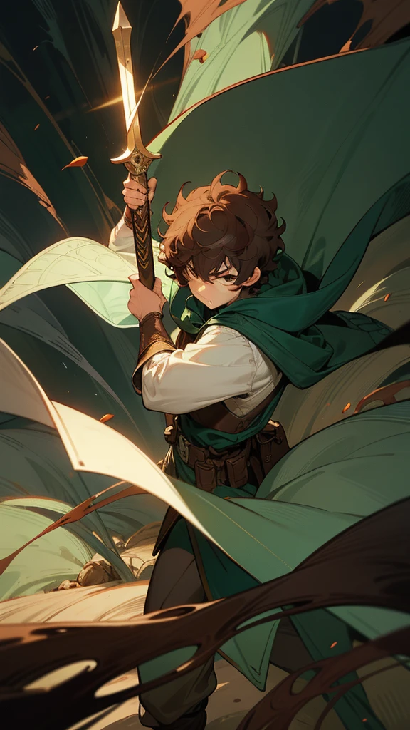 1guy, solo, short hair, pixie cut, curly hair, bright skin, (chocolate  hair), Brown eyes, medieval, adventurer, fantasy, anger, dark glowing dagger, Dark colors, trousers, White shirt, (quilted armor), closed clothing, dark green cloak, a hood on his head, Attacks, in move, nature

