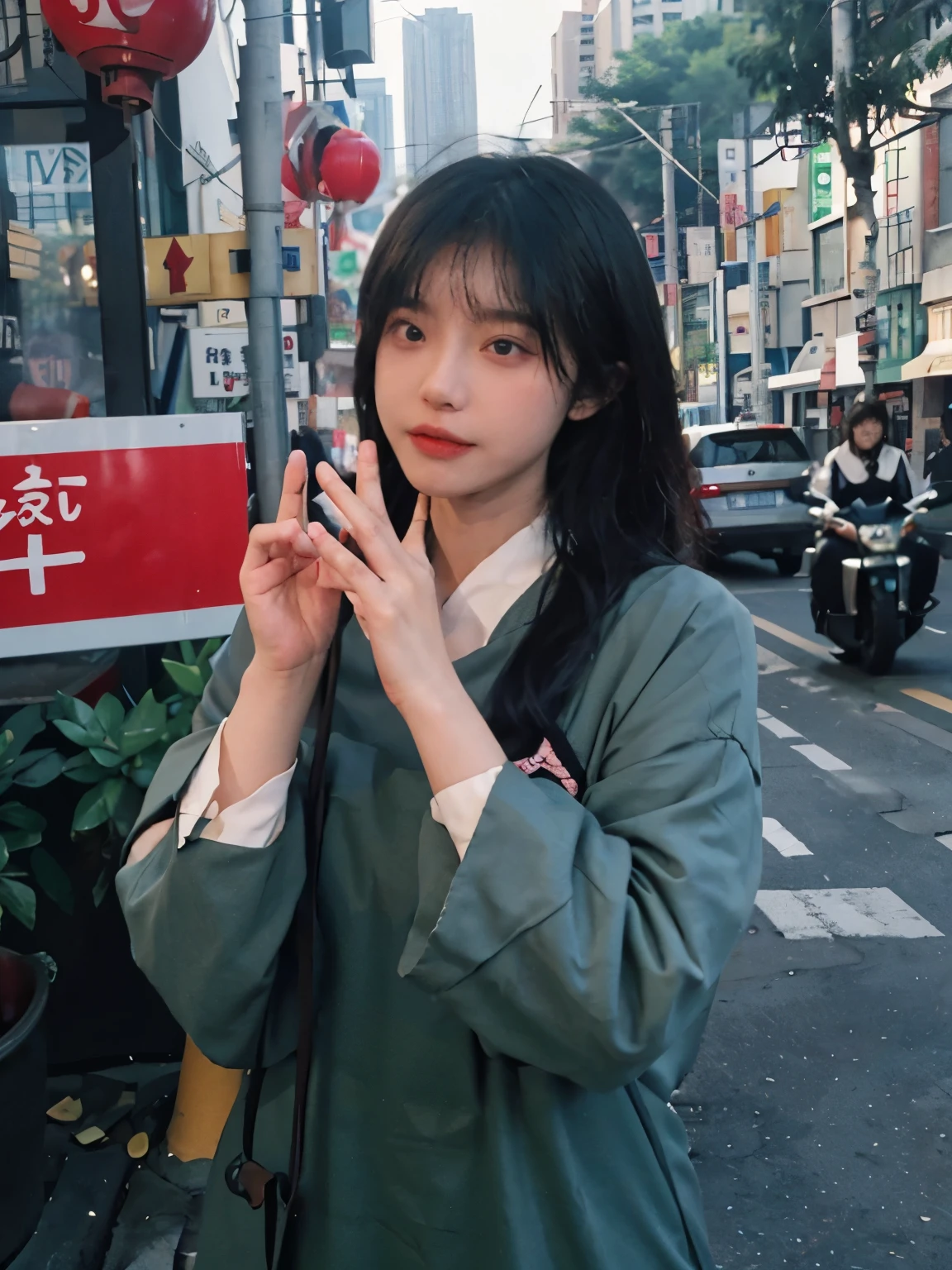 best quality,masterpiece,超high resolution,(lifelike:1.4), realistic、high resolution:1.3)、(((japanese girls))), Meaty cheeks, natural skin, best quality, 8k, masterpiece :1.or characteristics, sharp focus :1.2, The perfect body of a beautiful Japanese woman :1.4, (long dress with buttons :1.1), (mosque:1.2), The facial details are very rich, delicate eyes, double eyelids. japanese girls,In the city of Kuala Lumpur,KL, covering full head long green dress, baju kurung,bigger clothes, Bokeh of traditional Malay clothing covering the whole body,Ordinary fingers