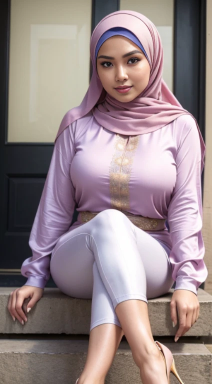 (Best quality, high resolution, masterpiece: 1.3), a beautiful malay woman in hijab, big breasts, slim figure, sweatshirt, beautifully presented details in the street and facial and skin texture, detailed eyes, double eyelids, big eyeschest visible, shirt openfeatures), HDR, 8k resolution, nice fingers, firm skin, (((high detail skin, visible pores))), 1 female, tall body, sitting on the bed, 30 years old, big breasts: 1.4, wearing Floral Silk Tight Malay Gamis Pastel Close Up Tight Hijab, Full Body, Beautiful Shy Smile, Wearing High Heels, In Luxury bedroom