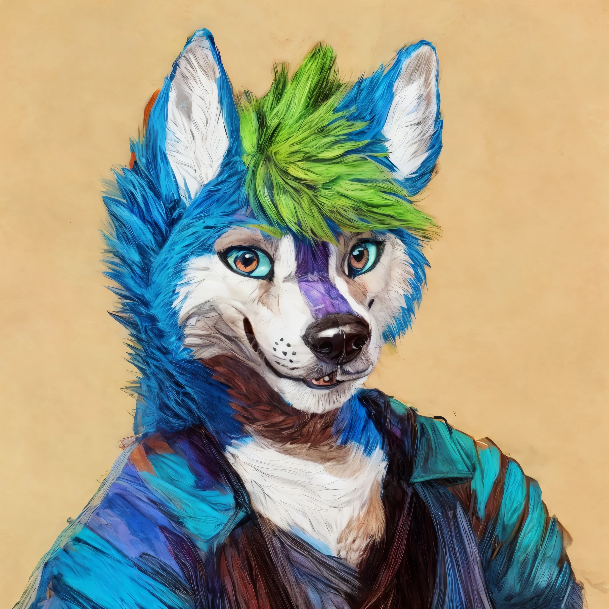 painting of a dog with a green mohawk and a blue shirt, furry character portrait, anthro portrait, fursona art, portrait of an anthro fox, furry fursona, fursona furry art commission, furry art!!!, furry character, furry mawshot art, fursona commission, fursona!!!!, anthro art, handsome weasel fursona portrait, professional furry drawing
