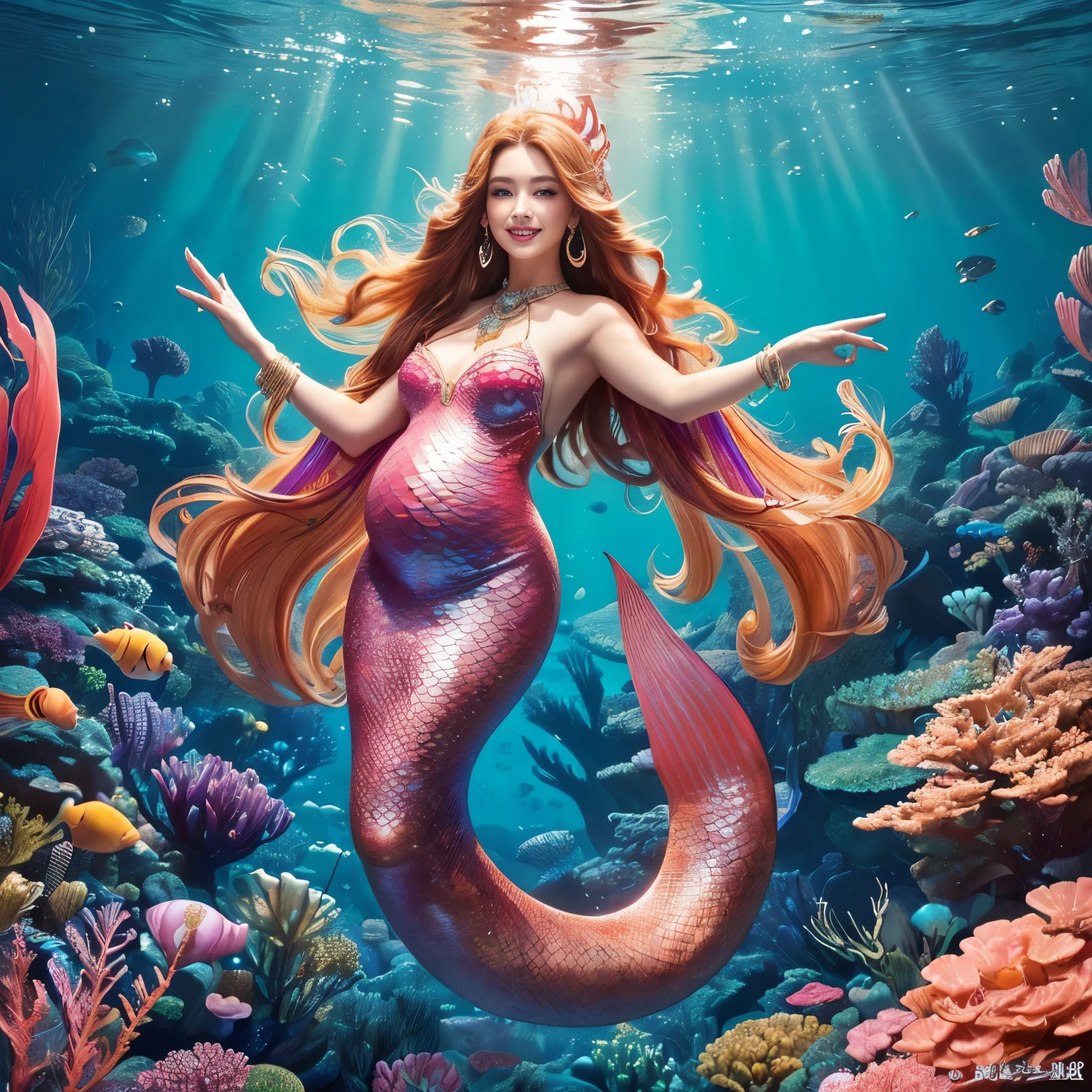 (highest quality、table top、8K、best image quality、hyper realism)、(Mermaid goddess wearing the most extravagant and extravagant finest goddess dress:1.2)、(Mermaid in the most extravagant and luxurious finest goddess dress:1.2)、(The most luxurious and finest transparent sleeve:1.1)、(A mermaid goddess swimming in the beautiful and luxurious deep sea rocks...:1.2)、(Extremely complex and detailed ocean depictions:1.1)、(There are many beautiful small tropical fish and corals in the sea.......:1.1)、(An underwater city that shines in the most luxurious red and pink colors:1.3)、(Mysterious and most glorious beautiful underwater city:1.3)、(Detailed depiction of the beautiful ocean:1.1)、(Unimaginably beautiful and mysterious underwater depictions:1.1)、(Very intricate and detailed glowing pink and red gradient scale:1.3)、(Mermaid goddess swimming in a beautiful rocky area in the deep sea Upper body photo:1.1)、(Accurate mermaid tail and beautiful fins)、Beautiful sea that shines intricately、Clear and detailed background,、(accurate anatomy:1.2)、(perfect hands:1.1)、(The most luxurious and finest jewelry decoration throughout the body:1.1)、golden decoration、the most gorgeous goddess sleeves、the most luxurious decoration、large amount of intricate gemstones、beautiful brown hair、Highly detailed glowing pink and red gradient scale、(最も贅沢でhighest qualityの巨大ティアラ:1.1)、(that'that'that'that'It's very vivid, Fantastic and mysterious:1.2)、(最も贅沢でhighest qualityのジャイアントネックレス)、Beautiful sparkling pink and red mermaid gradation tail、perfect makeup、(the best smile when you look at me:1.2)、(slender pregnant mermaid:1.1)、(Beautiful natural gradation of scales and skin:1.3)