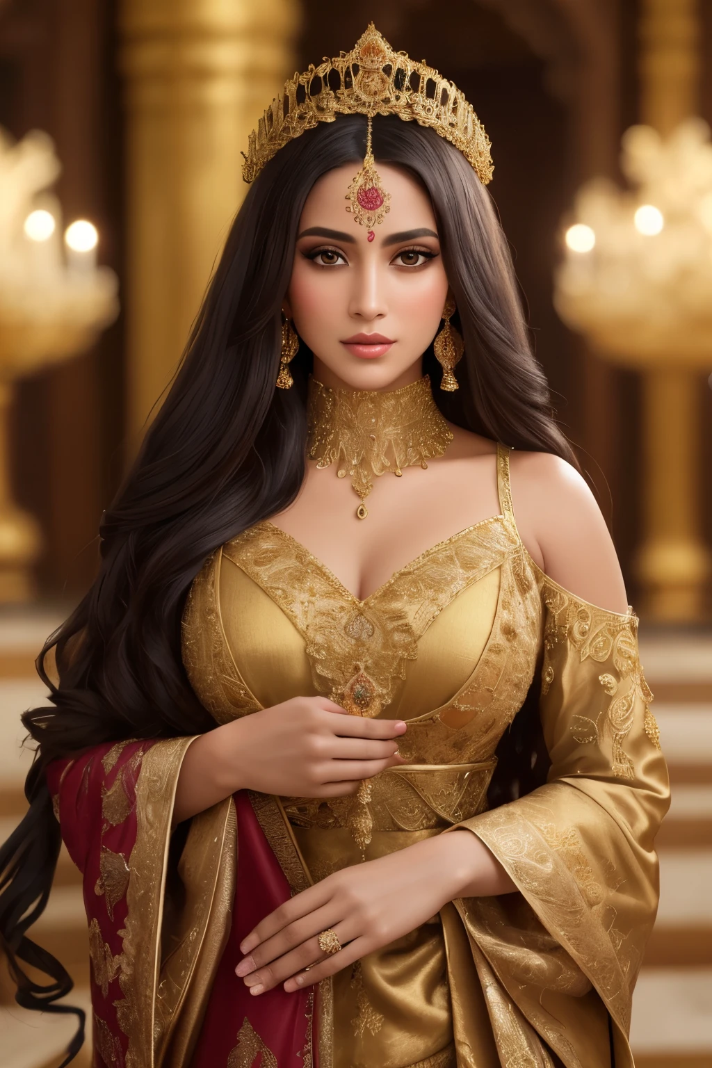 Women in scanty attire, reminiscent of Arabian Nights, pose elegantly within an opulent Arabian palace. Their voluptuous forms are accentuated by the intricate, golden décor, with long, flowing dark hair cascading down their shoulders. The women's expressive eyes convey a sense of mystery and allure. This exquisite, photorealistic image guarantees a high level of detail, showcasing the rich textures and intricatepatterns of their ornate clothing, as well as the intricately painted walls of the palace. Captured in 8K UHD with a 20MP camera, such as a Canon EOS R5 or F