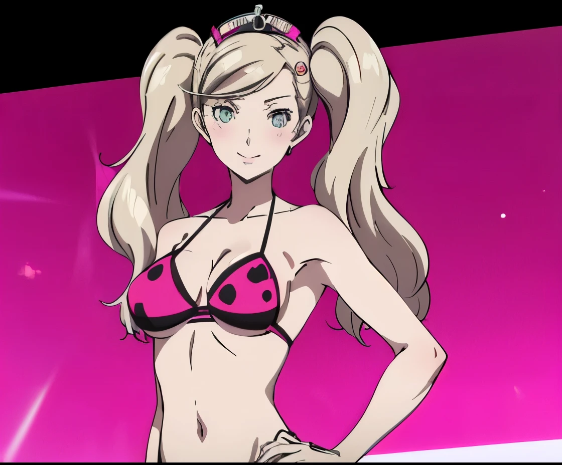 absurd resolution, high resolution, (Meisterwerk: 1.4), Hyper-Detail, A girl , Ann Takamaki aus Persona 5 im einem pinken bikini, Sporthalle, Blush, sweet, seductive, bikini, Smile, verliebt, hole body,  happy body gestures , pinke Socken , normalen pinken Bikini,  bikini pink, eine person, 