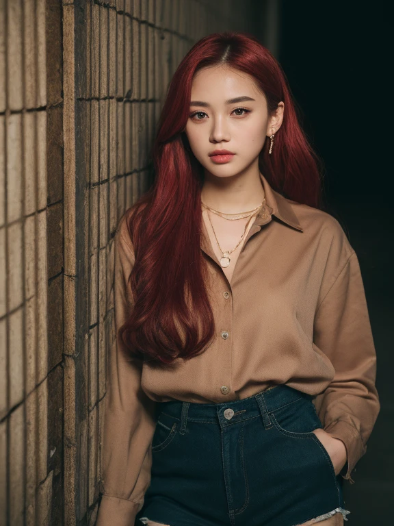 (masterpiece, best quality, 1 girl, solo, intricate details, chromatic aberration), realistic, ((medium breath)),long hair, red hair, red decoration on the head, pink highlights, amber eyes, earrings, sharp eyes, necklace, neon shirt, ripped shorts, unbuttoned jacket, turtleneck, night, against the wall, brick wall, graffiti, dim lighting, alley, look at the viewer