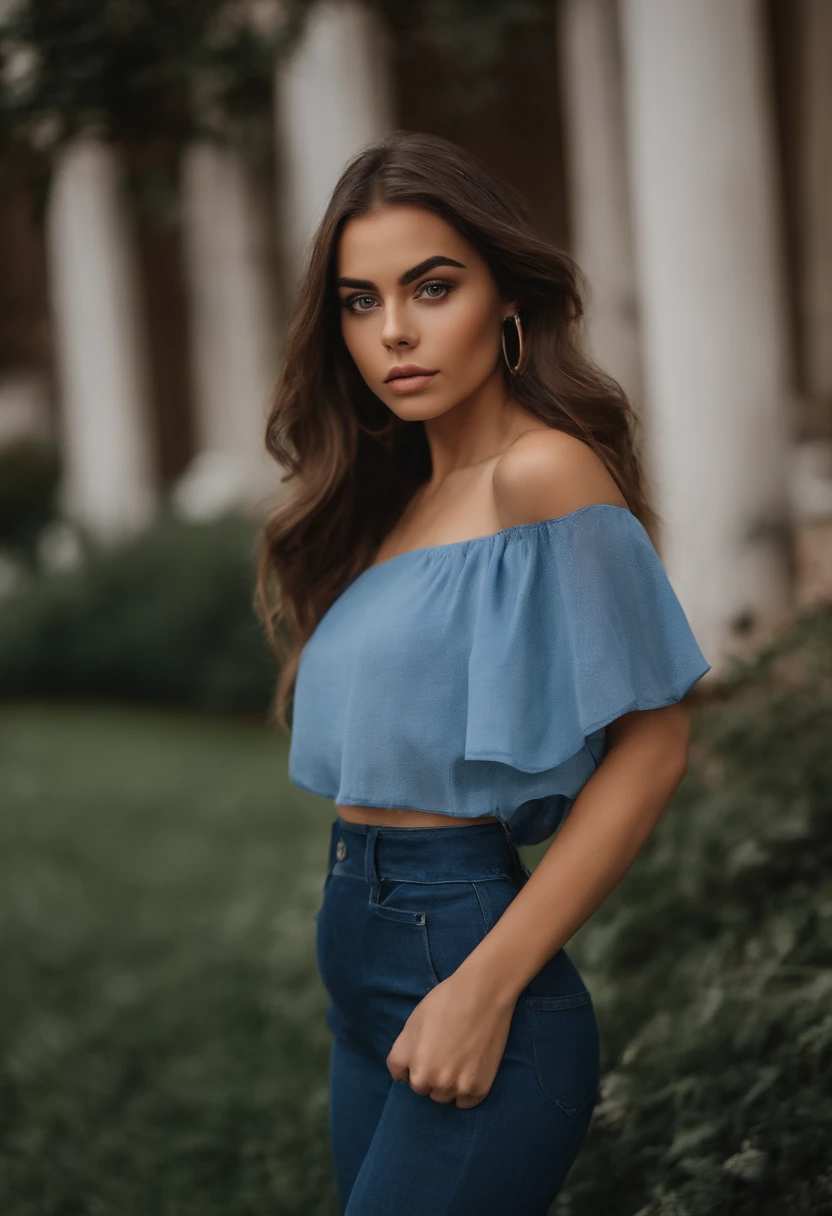 Arafed Mujer con camiseta con mangas y falda, Chica sexy con ojos azules, Retrato de Sophie Mudd, brown hair and big eyes, selfie de una mujer joven, ojos dormitorio, violeta myers, sin maquillaje, Maquillaje Natural, Looking directly at the camera, cara con artgram, maquillaje sutil, Impresionante foto de cuerpo entero, escote, en el parque