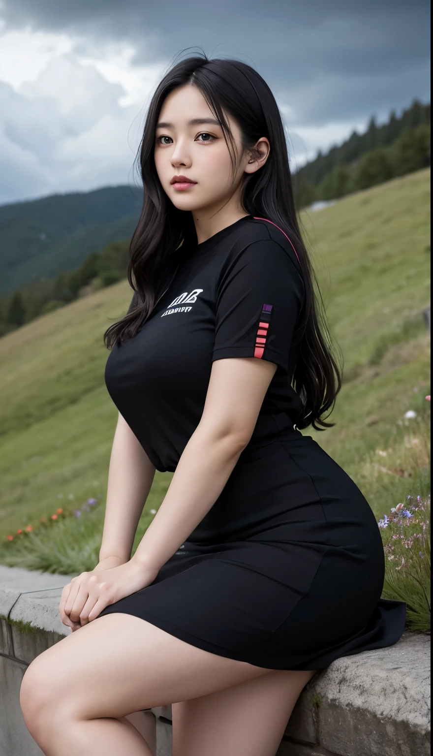 A beautiful beauty, long black hair, big eyes, round face, dress, tight purple skirt, sneakers , slightly fat, plump and sexy, delicate facial features, on the grassy hillside, black grass and words, dark sky and dark clouds, HD, high quality, the best picture quality