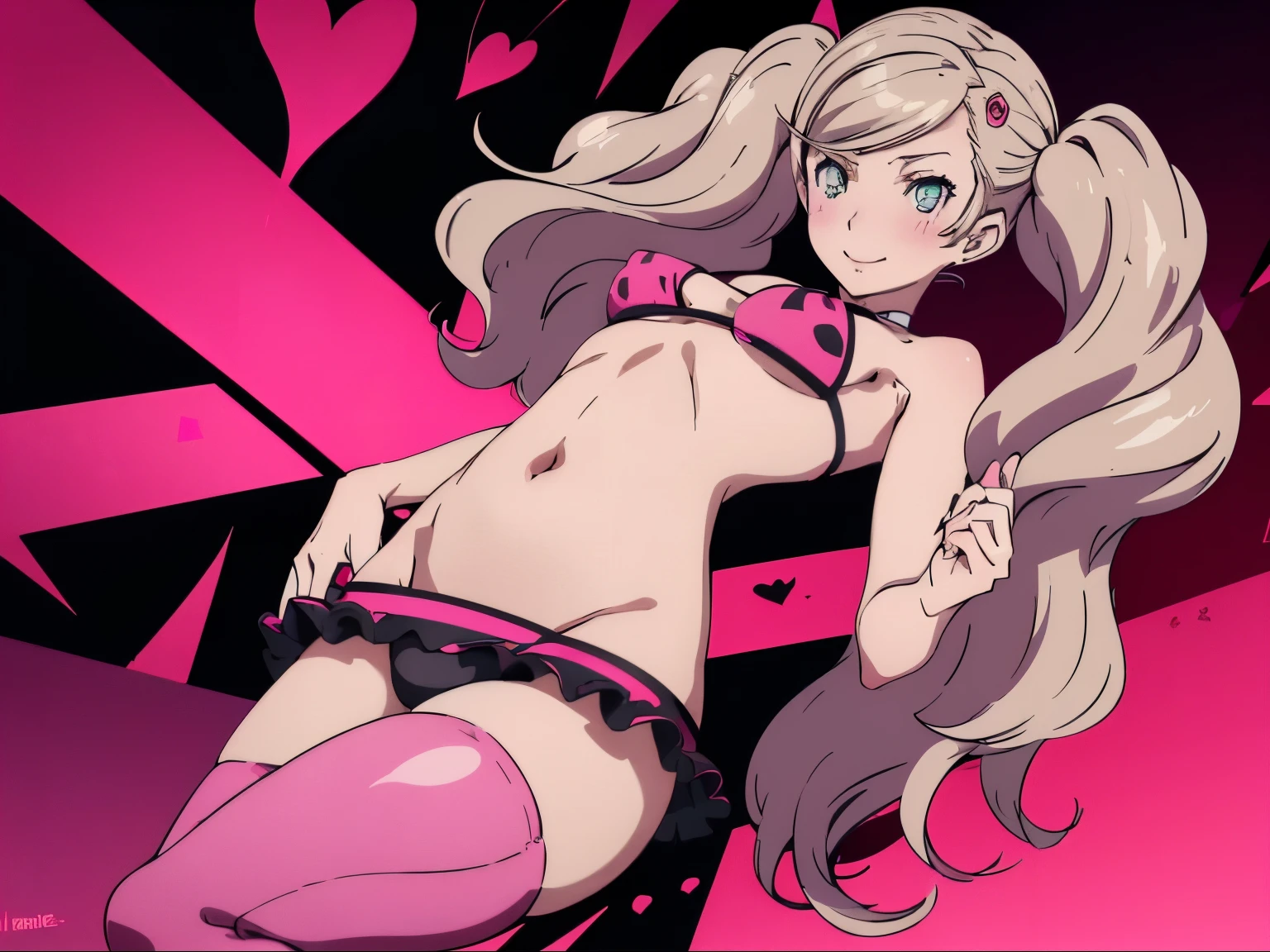 absurd resolution, high resolution, (Meisterwerk: 1.4), Hyper-Detail, A girl , Ann Takamaki aus Persona 5 im einem pinken bikini, Sporthalle, Blush, sweet, seductive, bikini, Smile, verliebt, hole body,  happy body gestures , pinke Socken , normalen pinken Bikini,  bikini pink, eine person, 