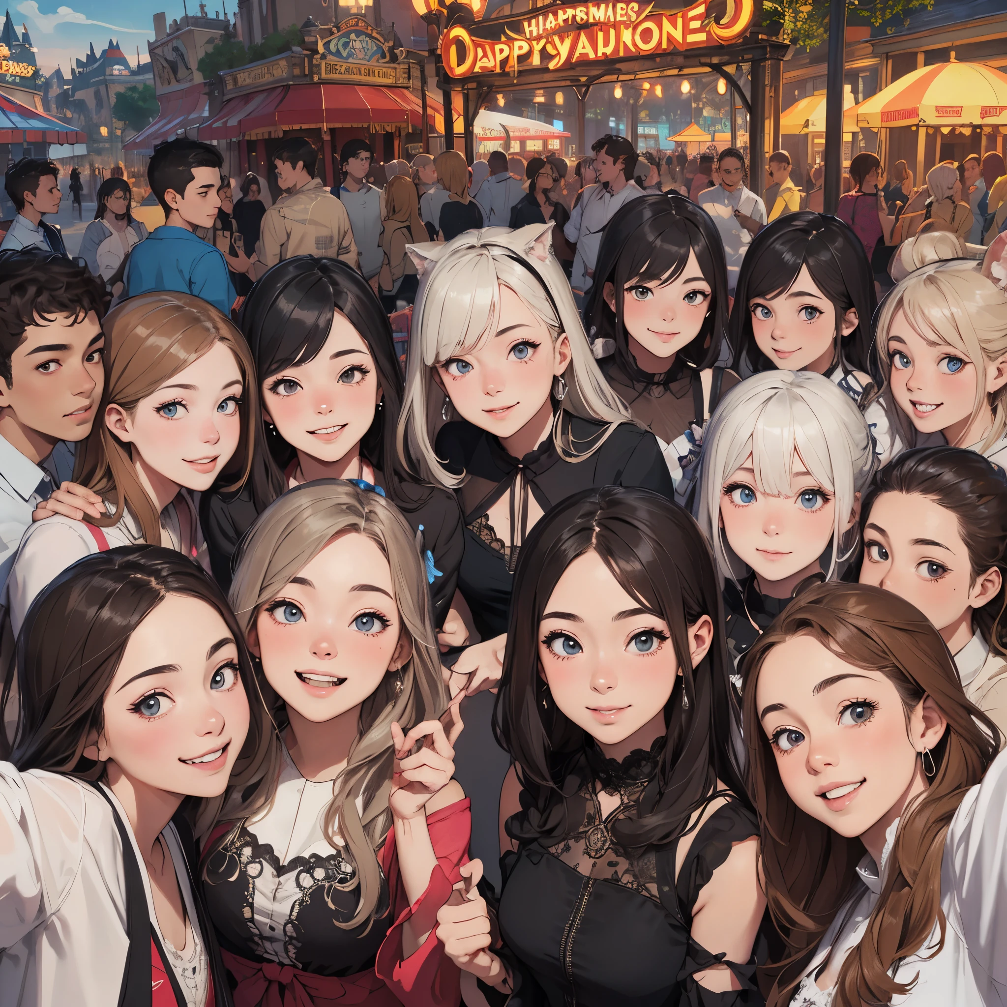 top quality, best quality, High-quality illustrations, masterpiece, super high resolution, detailed background, detailed background, An amusement park, Disneyland, group shot:0.5, 6+boys, 6+girls, Happy, joyful, absurdres(highly detailed beautiful face and eyes)perfect anatomy(Photos taken with friends)(kemono, furry anthro)selfie:0.5,