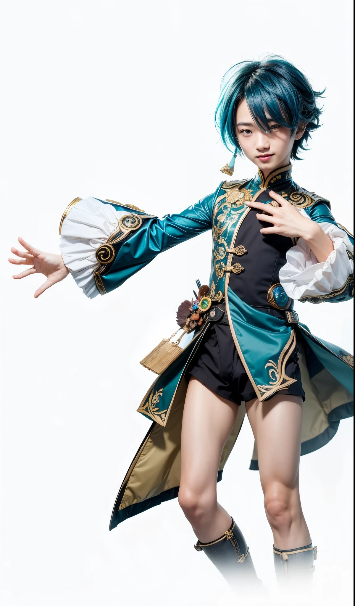 Xiangling, genshin impact, liyue, girly male, dark cyan hair, brown eyes, black outer, white inner, dark cyan cape, friendly smiling
