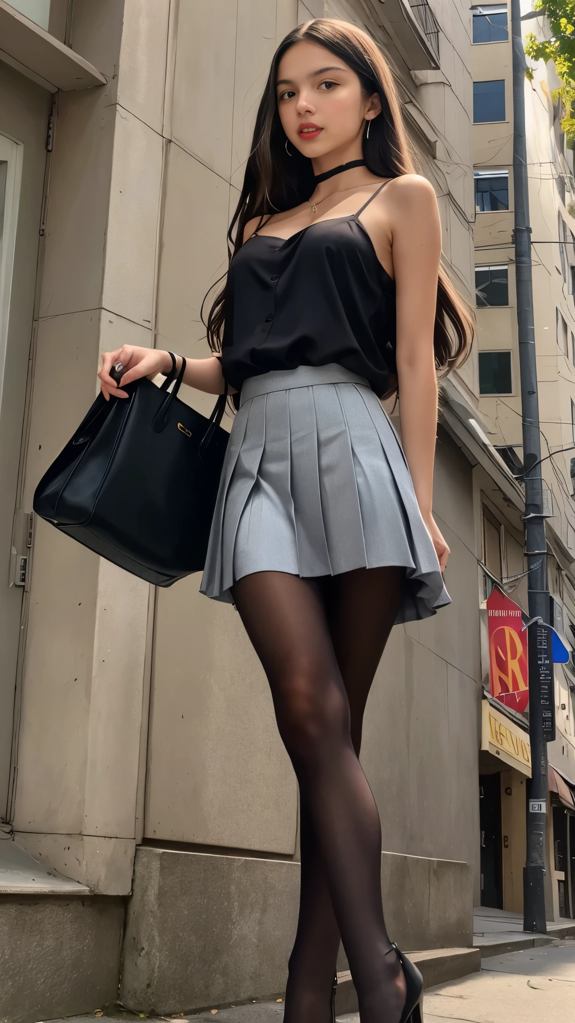 Olivia Rodrigo, 13 years old, long hair: 1.3, spaghetti strap blouse, pleated skirt, pantyhose, high heels, small breasts, light skin, photorealistic