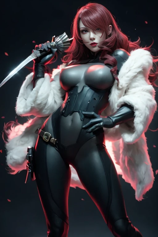 a woman with red lipstick has armor on and is holding a sword, kirijou mitsuru, 1girl, solo, hair over one eye, long hair, (((red hair))), (((red eyes))), weapon, rapier, sword, bodysuit, black bodysuit, grey bodysuit, hand on hip, (((large breasts))), simple background, white background, (purple theme:1.2)