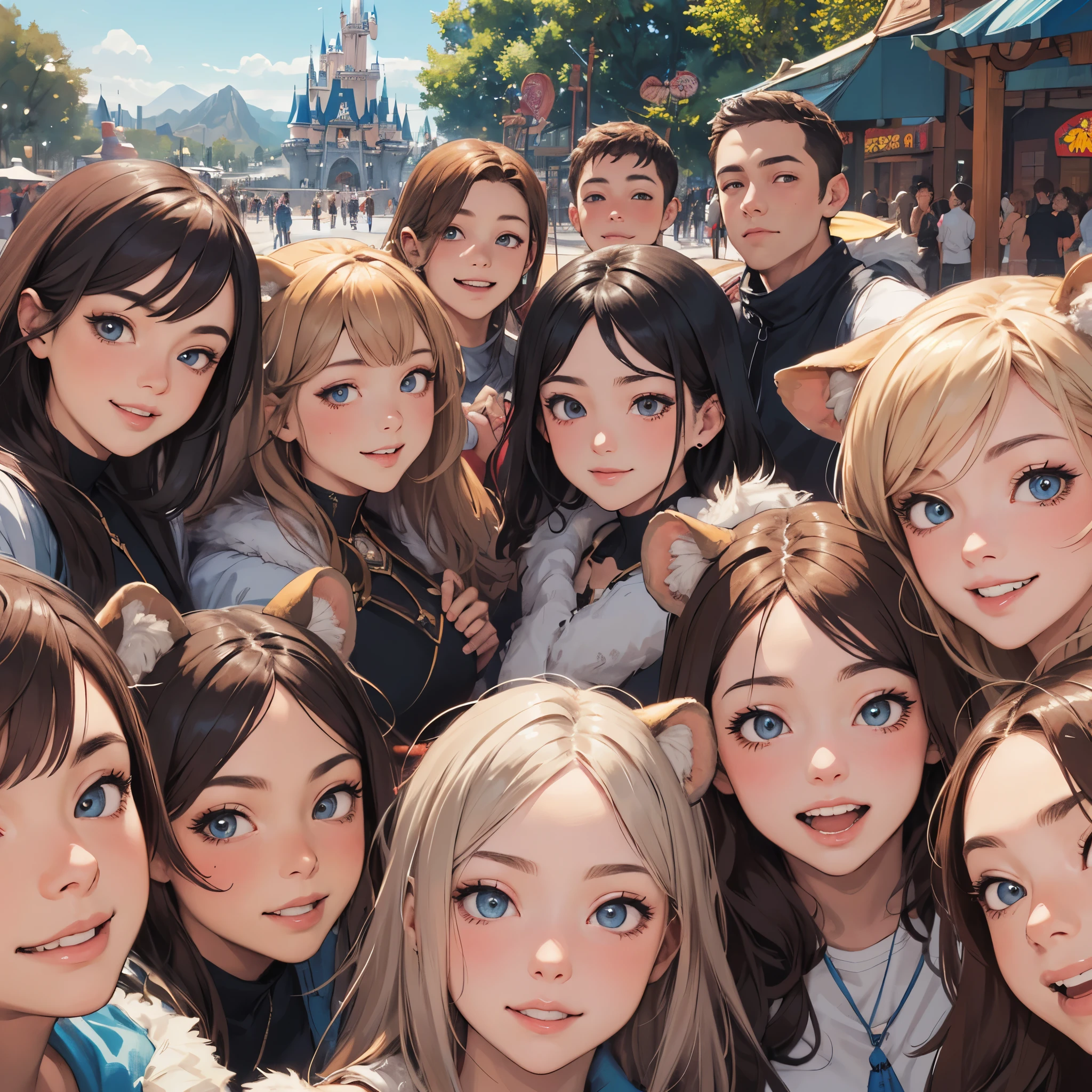 top quality, best quality, High-quality illustrations, masterpiece, super high resolution, detailed background, detailed background, An amusement park, Disneyland, group shot:0.5, 6+boys, 6+girls, Happy, joyful, absurdres(highly detailed beautiful face and eyes)perfect anatomy(Photos taken with friends)(kemono, furry anthro)selfie:0.5,