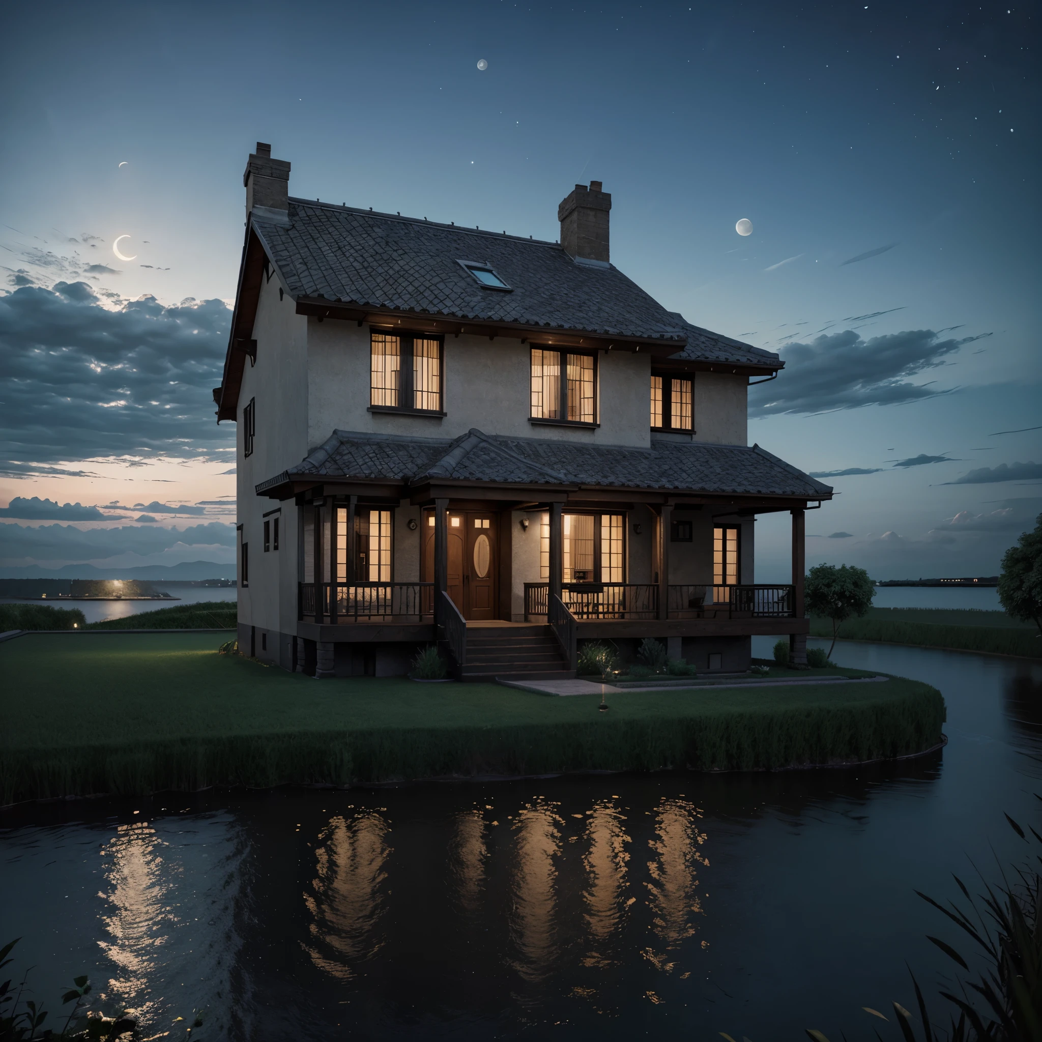 High quality landscape, a sky filled with clouds and moonlight illuminating the place where it is night and a house located in front of the river, 3D rendering, high quality
