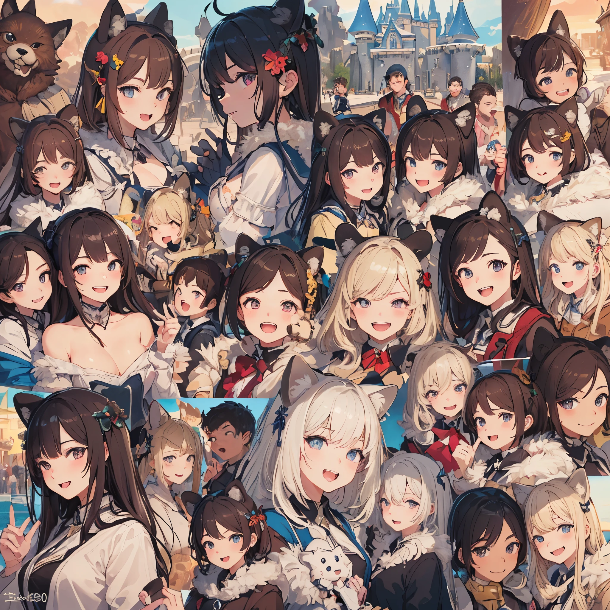 top quality, best quality, High-quality illustrations, masterpiece, super high resolution, detailed background, detailed background, An amusement park, Disneyland, group shot:0.5, 6+boys, 6+girls, Happy, joyful, absurdres(highly detailed beautiful face and eyes)perfect anatomy(Photos taken with friends)(kemono, furry anthro)selfie:0.5,