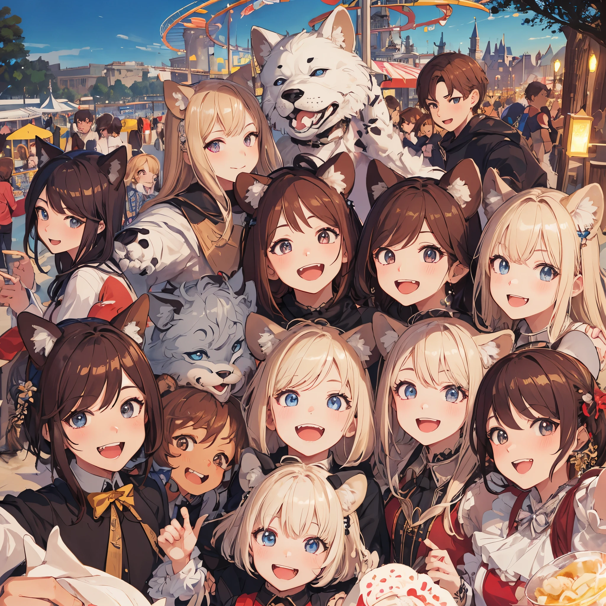 top quality, best quality, High-quality illustrations, masterpiece, super high resolution, detailed background, detailed background, An amusement park, Disneyland, group shot:0.5, 6+boys, 6+girls, Happy, joyful, absurdres(highly detailed beautiful face and eyes)perfect anatomy(Photos taken with friends)(kemono, furry anthro)selfie:0.5,