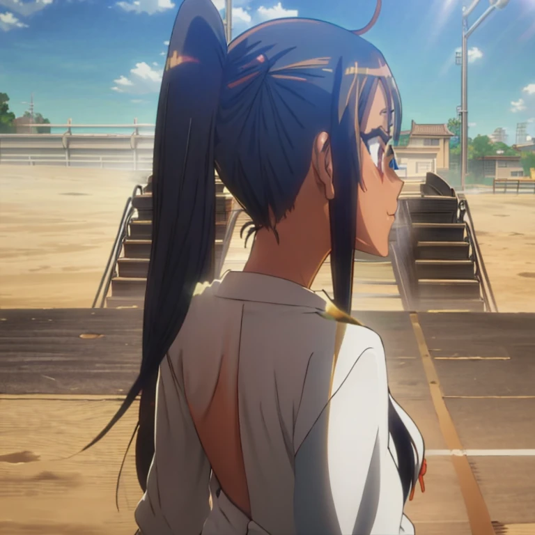 Nagatoro Hayase, falda azul, escote, small breasts, (Desde abajo:1.2), encorvado, sonrisa, rubor, Mejor calidad, obra maestra, perfect lighting, arms behind the back, from behind ass miniskirt thick thighs ponytail ponytail ponytail blue eyes