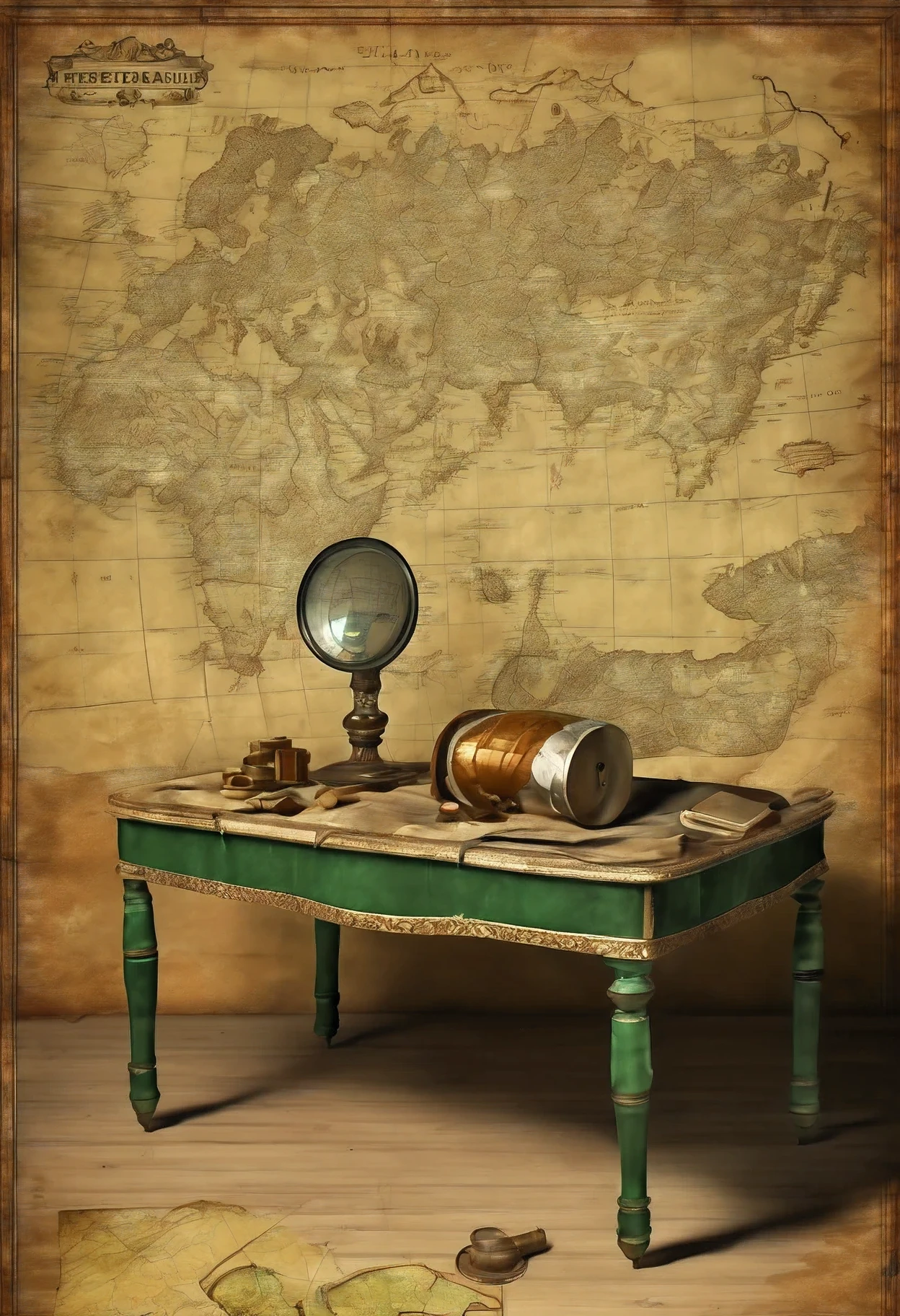 18th century table., upholstered in green fabric,there is a monocle on the table, magnifier, and old half-decayed faded parchment,( yellowed with age),This parchment shows a map of Treasure Island...,8k render