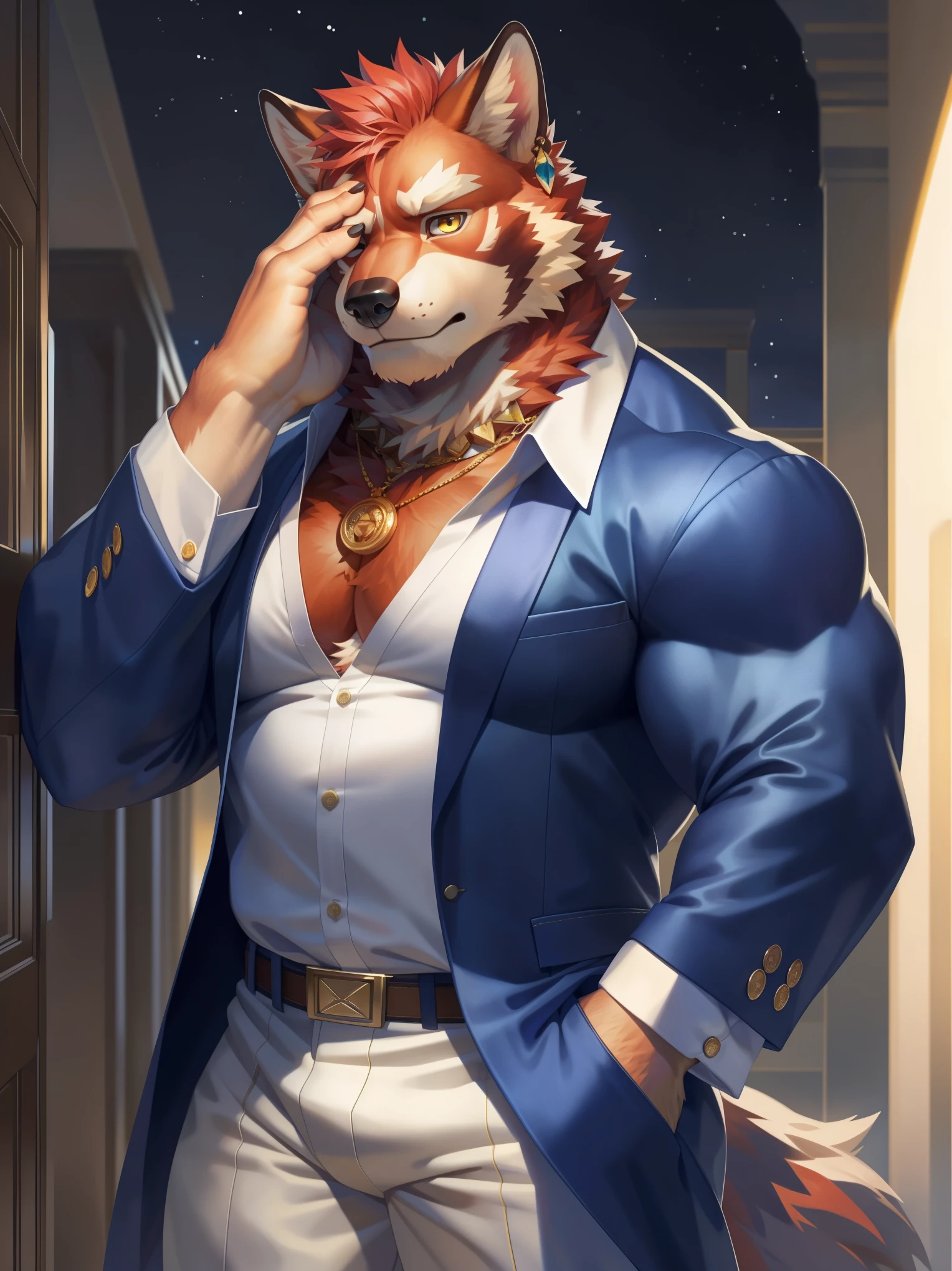 solo,anthro,furry,furry male, red wolf,((fluffy fur, fluffy, furry body)), (red wolf), vibrant red body, yellow eyes, tail, detailed fluffy fur, detailed face, detailed eyes,detailed white chest, thick eyebrows, detailed white abs,red hair, full body, blue decorated captains coat, white dress pants, white collard shirt, button up shirt, necklace, gold trim collar,(by null-ghost,by raccoon21,masterpiece,high quality, hi res, 8k hd),close-view portrait, looking at viewer, night, indoor, pose, earring, belt buckle, facepalm, disappointed, upset, scared, cringe
