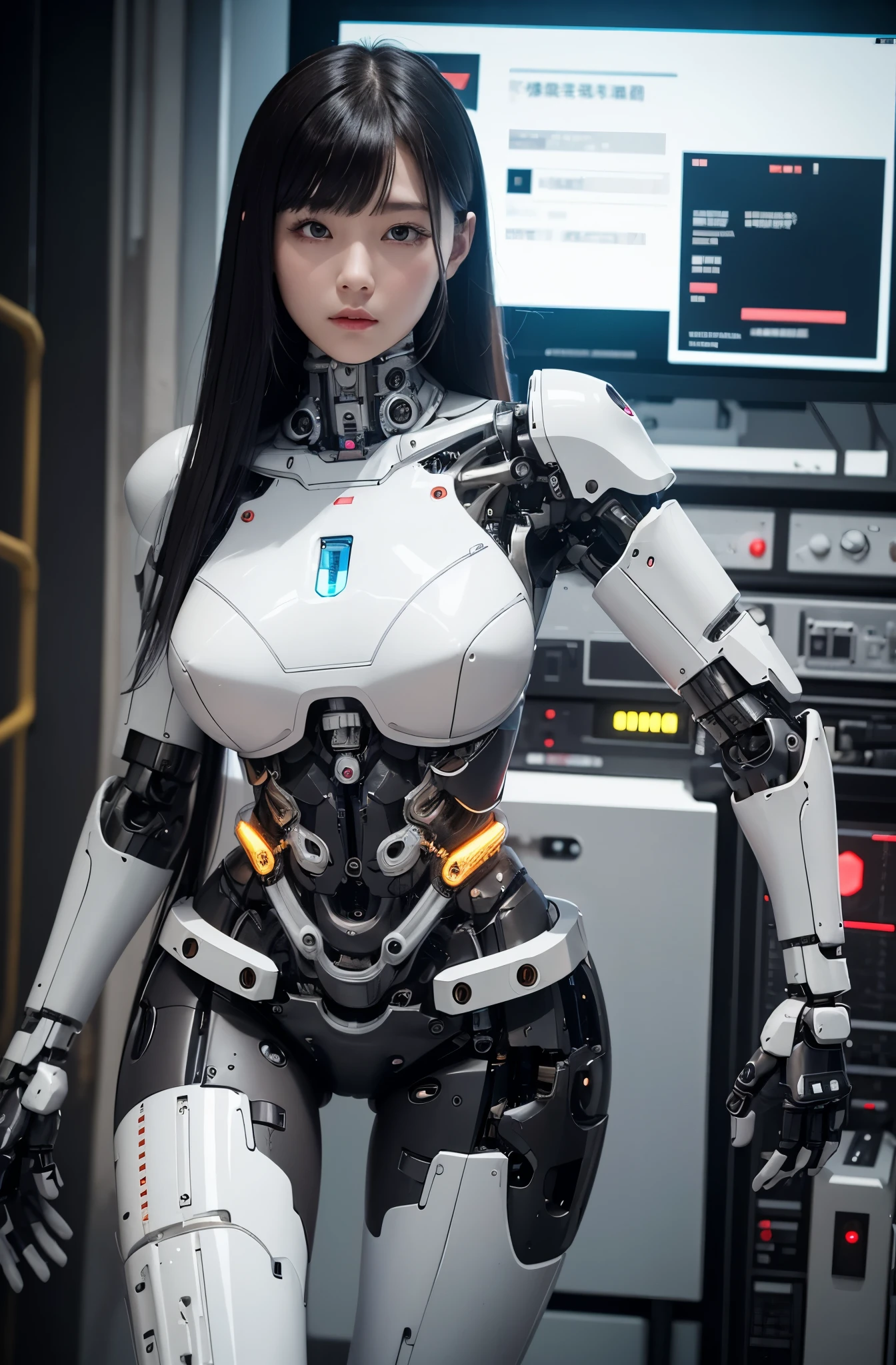 masterpiece, best quality,Japaese Cyborg Girl,Plump , announcer,control panels,android,Droid,Mechanical Hand, ,clothes with a sense of mechanical technology, Robot arms and legs, Black Robot Parts,Black hair,Mechanical body,Blunt bangs,White abdomen,White robotics parts,tube dress,perfect robot woman,perfect android woman, perfect mechanical woman,future laboratory,android factory,cyborg factory,robot factory,cyber pank,charging spot,long tube,thick cable connected her neck,bowing,maintainance her,repaired her,full eyes,dark black tights,a bit chubby