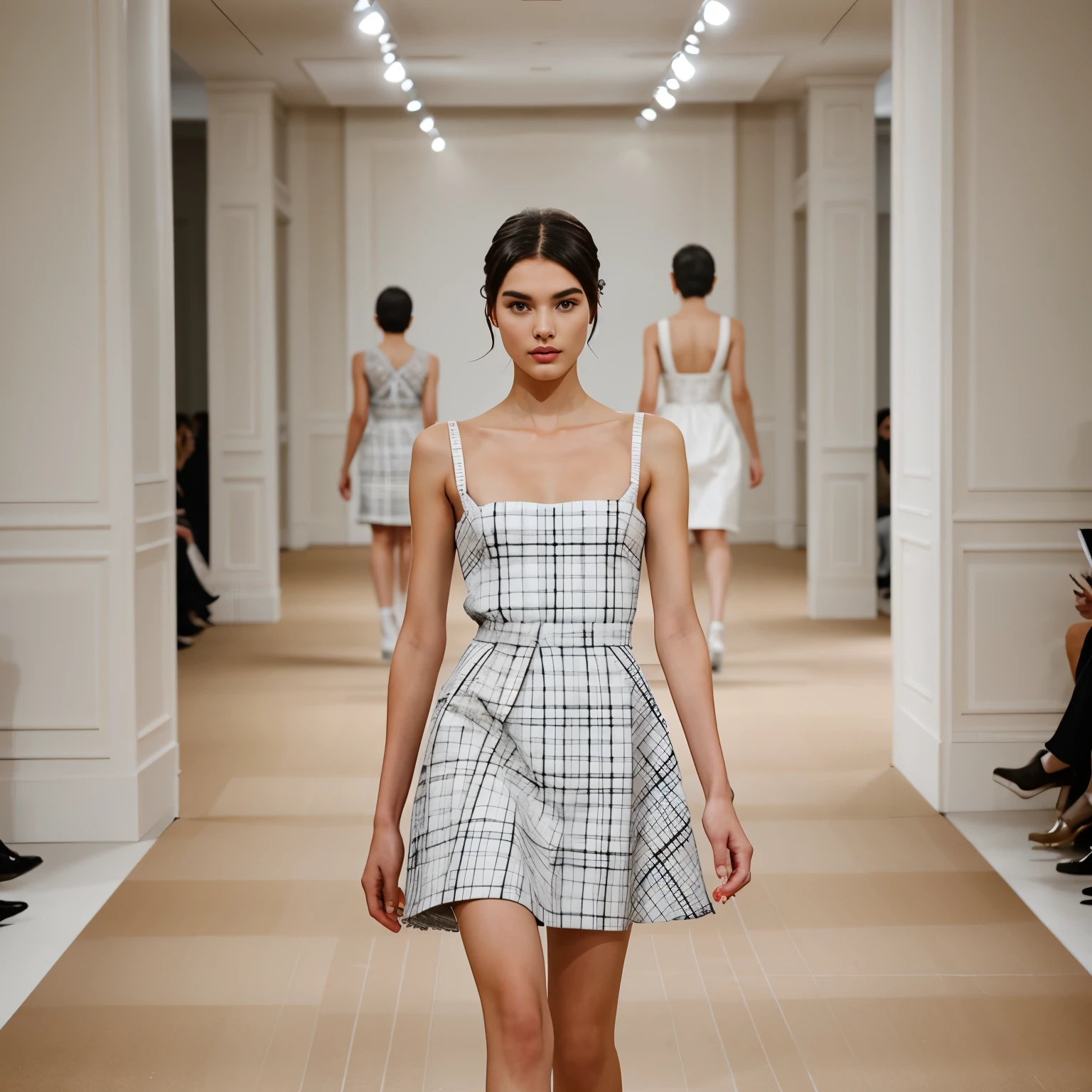 {{Photograph}} of the {runway model}}} {gracing {fitted linen dress}} adorned with {classic Vichy check pattern} at {prestigious couture runway} in Milan. {Chic}- {showcasing {effortless runway presence and confident poses}}. {Indoor} to create an {elevated atmosphere}. {Photograph}, drawing inspiration from {high-fashion Vichy check aesthetics}. {Medium shot} {50mm} {front view}. {Soft, ambient lighting}, highlighting {model's elegance and Vichy check pattern}. {High detail} {high resolution} {focused on showcasing the unique fit and pattern details}. {Capturing the refined essence of high-fashion elegance and the Milan runway}.