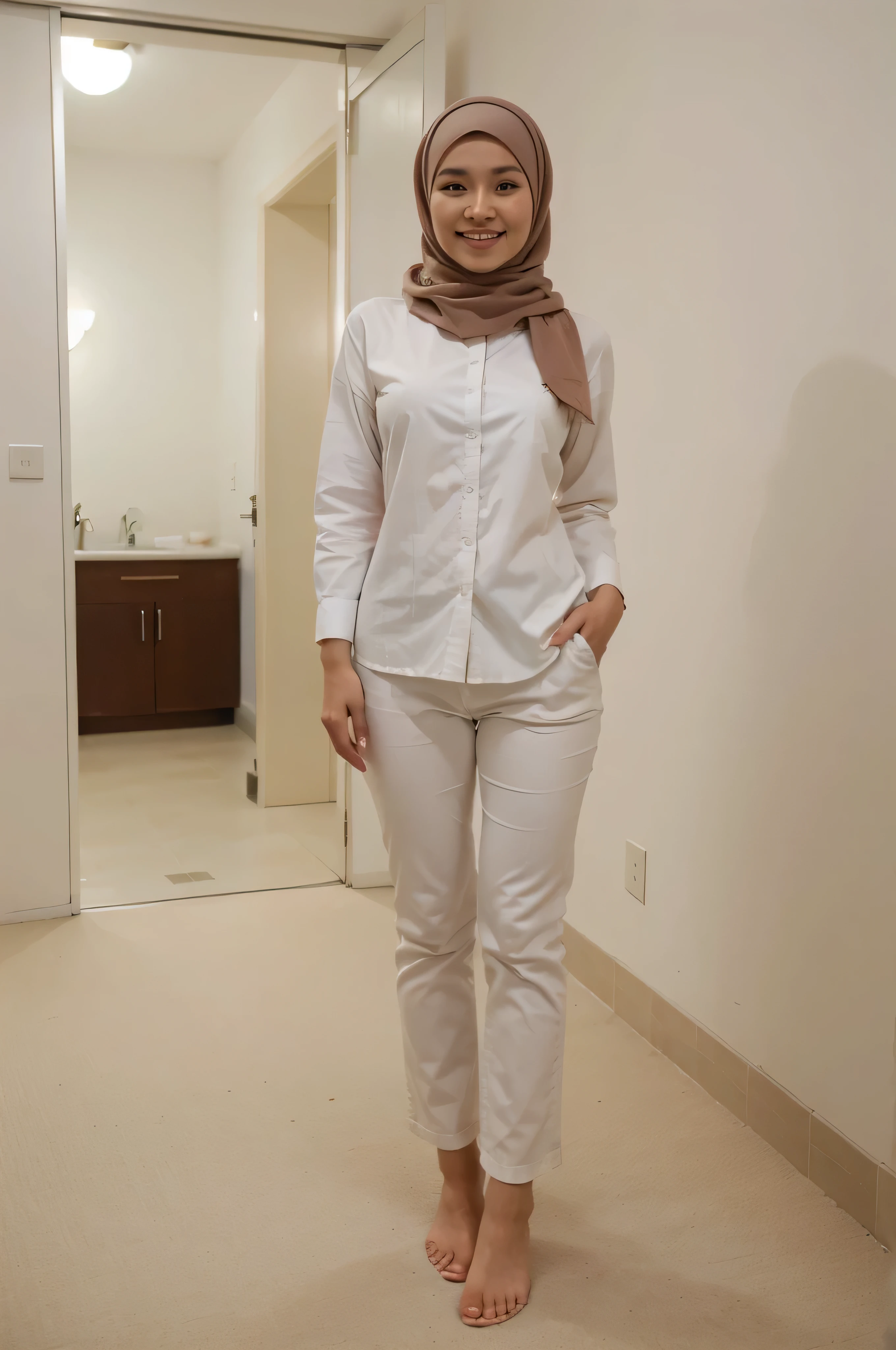 ((best quality)), ((masterpiece)), (detailed), 1 indonesian girl hoteliers, young, photography, front view, full body, white background, smile, realistic, work uniform, long shirt, long pants, wear hijab