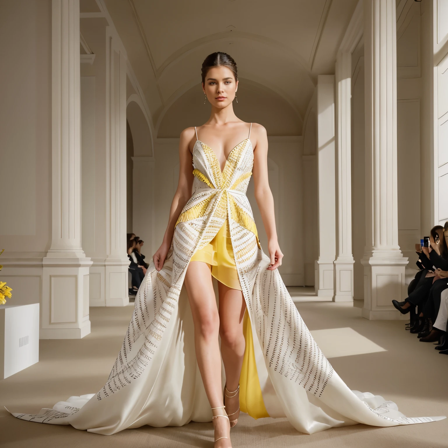 {{Photographic {image}}} of a {runway model}}} {captured in {ultra-realistic portrayal}} wearing {asymmetrical silk gown} with {vibrant yellow and white Chevron print} at {prestigious couture runway} in Milan. {Highly detailed}- {showcasing {realistic portrayal of effortless runway presence and distinctive poses}}. {Indoor} to create an {elevated atmosphere}. {Ultra-realistic digital illustration}, drawing inspiration from {high-fashion realism}. {Medium shot} {50mm} {front view}. {Soft, ambient lighting}, highlighting {model's elegance and Chevron pattern}. {Exceptional detail} {ultra-high resolution} {focused on showcasing the unique asymmetry and pattern details}. {Capturing the refined essence of high-fashion elegance and the Milan runway}.