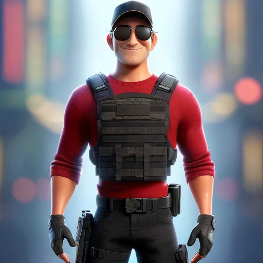 create the image of a character in the Disney Pixar style, (an adult man, wearing black military pants and ballistic vest, and a red long-sleeved shirt, wearing a black cap and sunglasses), he must be smiling and convey confidence, he has the gentle expression.The scene shold be in the distinct digital art style of Pixar, with a focus on the caracter expressions, vibrant colors, and detailed textures that are characteristics of this animatio
