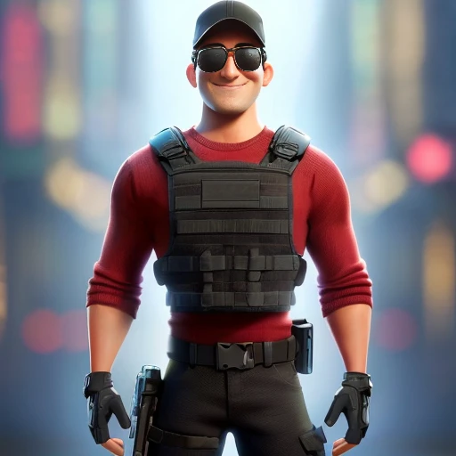 create the image of a character in the Disney Pixar style, (an adult man, wearing black military pants and ballistic vest, and a red long-sleeved shirt, wearing a black cap and sunglasses), he must be smiling and convey confidence, he has the gentle expression.The scene shold be in the distinct digital art style of Pixar, with a focus on the caracter expressions, vibrant colors, and detailed textures that are characteristics of this animatio
