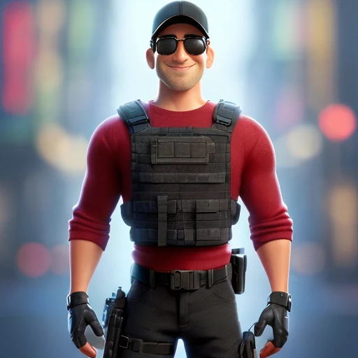 create the image of a character in the Disney Pixar style, (an adult man, wearing black military pants and ballistic vest, and a red long-sleeved shirt, wearing a black cap and sunglasses), he must be smiling and convey confidence, he has the gentle expression.The scene shold be in the distinct digital art style of Pixar, with a focus on the caracter expressions, vibrant colors, and detailed textures that are characteristics of this animatio