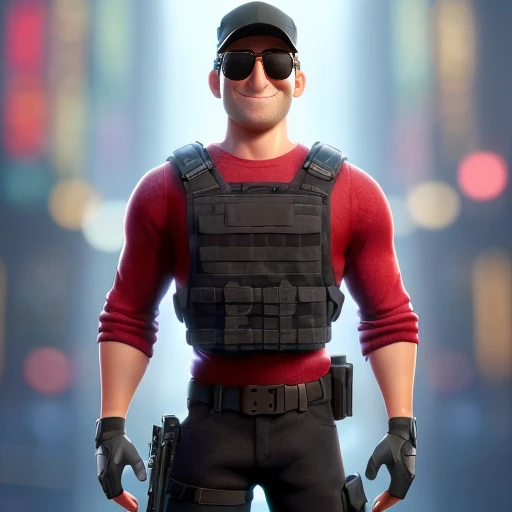 create the image of a character in the Disney Pixar style, (an adult man, wearing black military pants and ballistic vest, and a red long-sleeved shirt, wearing a black cap and sunglasses), he must be smiling and convey confidence, he has the gentle expression.The scene shold be in the distinct digital art style of Pixar, with a focus on the caracter expressions, vibrant colors, and detailed textures that are characteristics of this animatio
