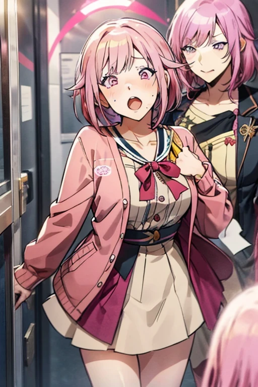 emusu, 1 girl pink hair solo pink eyes, large breasts, hands on breasts, mature, motherly, kupaa, steam, breast focus, looking at viewer, embarrassed, open mouth, perspired, in a college room, short skirt, pink cardigan, red ribbon, 1 boy purple hair solo yellow eyes