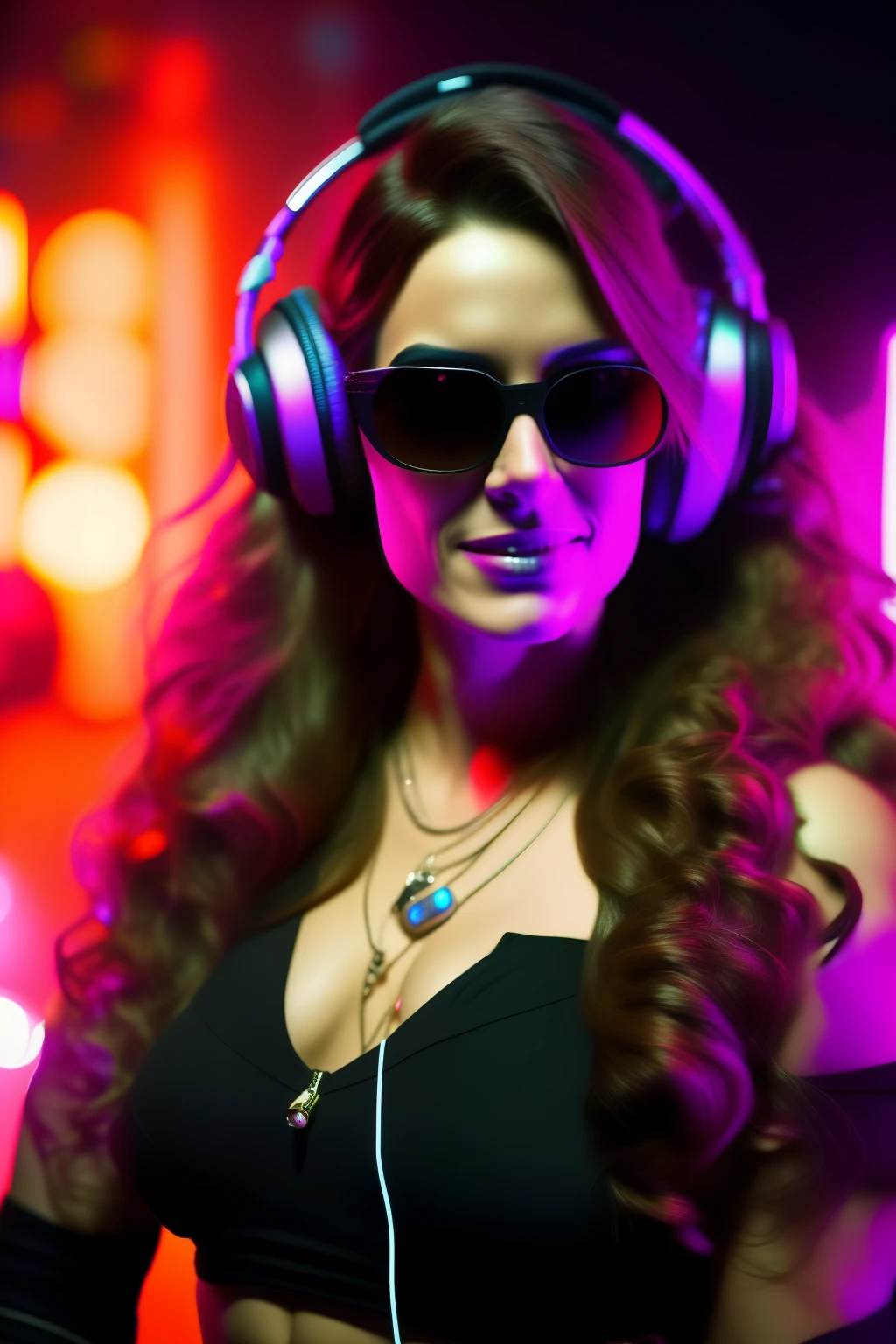 A stunning woman with long, wavy, chestnut brown hair, big, beautiful breasts, small sunglasses perched on her nose, and large, over-ear headphones adorning her ears, is captured in the midst of a mysterious New Year's Eve rave party. Surrounded by a ultra-detailed, photo-realistic setting, the scene is bathed in vibrant, energetic rave lighting, with a cyberpunk neon to black color palette. The coordinator, a figure of excitement and enthusiasm, works the glowing neon cabine de DJ, as the woman gazes at the crowd with a captivated look in her eyes. (1.37)