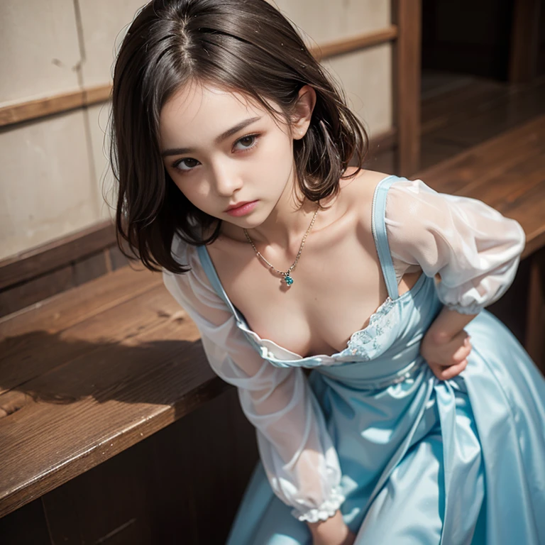 1 girl, downblouse, 15 years old, munechira,(((small breasts))), looking away,leaning forward,bending over, birds-eye view shot , Upper body, necklace ,in at wedding reception,long sleeves loose dress, besides decolated detailed  bra within,long skirt, short hair ,8K, Best Quality, Masterpiece, Ultra High Resolution, (Realism: 1.4), Original Photo, (True Skin Texture: 1.3),