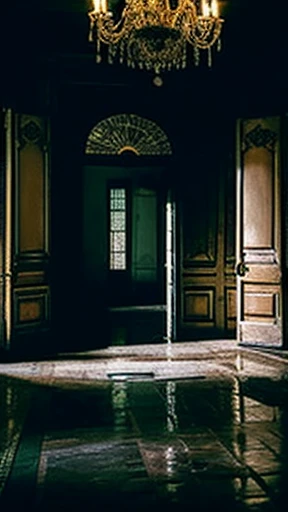 A dark and deserted hall with a chandelier in an empty haunted house,horror,Strange phenomenon,desolate ruins,real,A creepy room with blood stains everywhere,Unidentified flying object with a white heroic story,A big bloody door that seems to pull you in.
